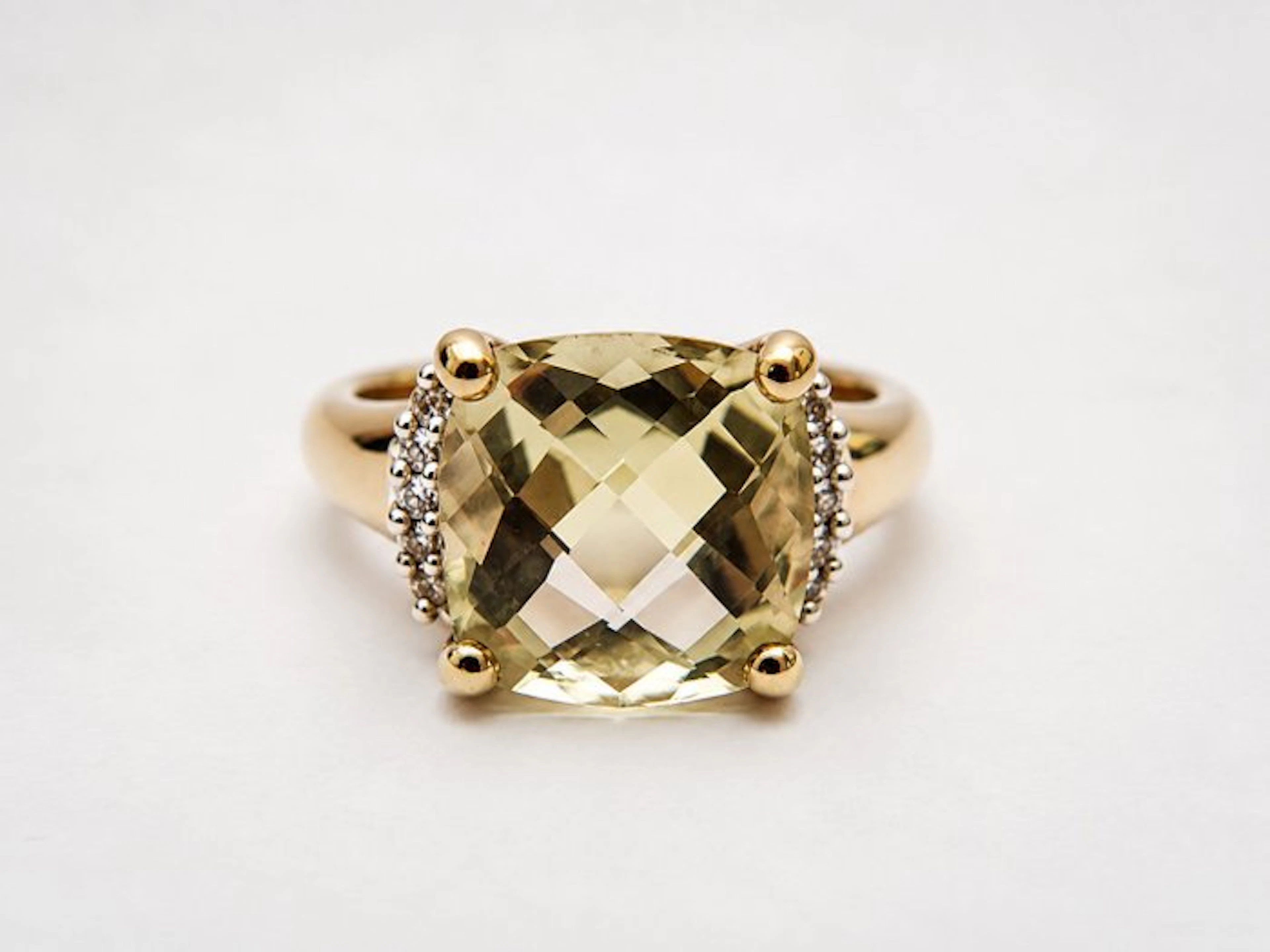 Ring - 9 kt. Yellow gold Amethyst - Diamond - Vintage Green Prasiolite