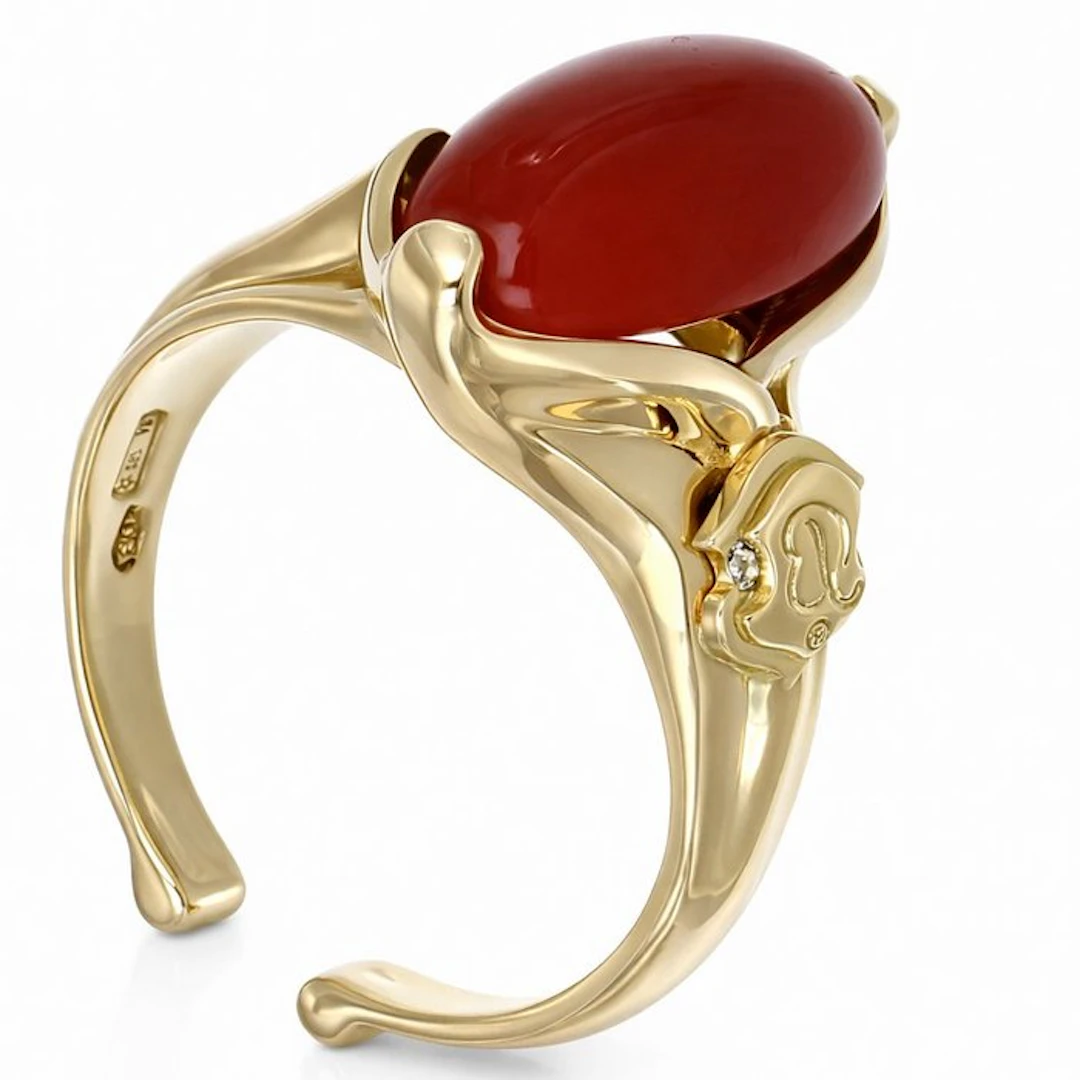 Ring - 18 kt. Yellow gold Coral - Made in Italy - Handmade
