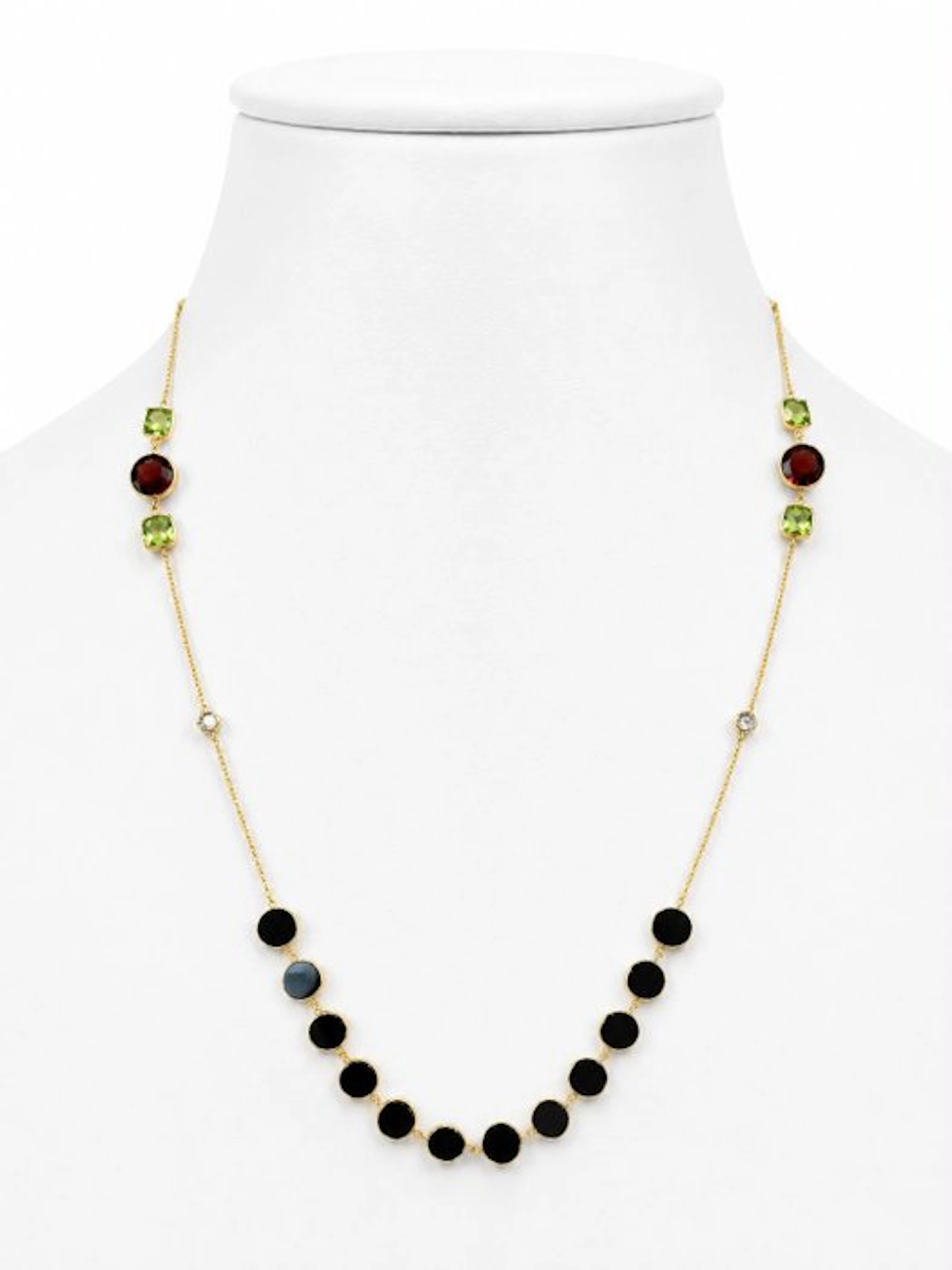 Necklace - 14 kt. Yellow gold - 14.57ct. tw. Onyx - Diamond - Peridot & Garnet