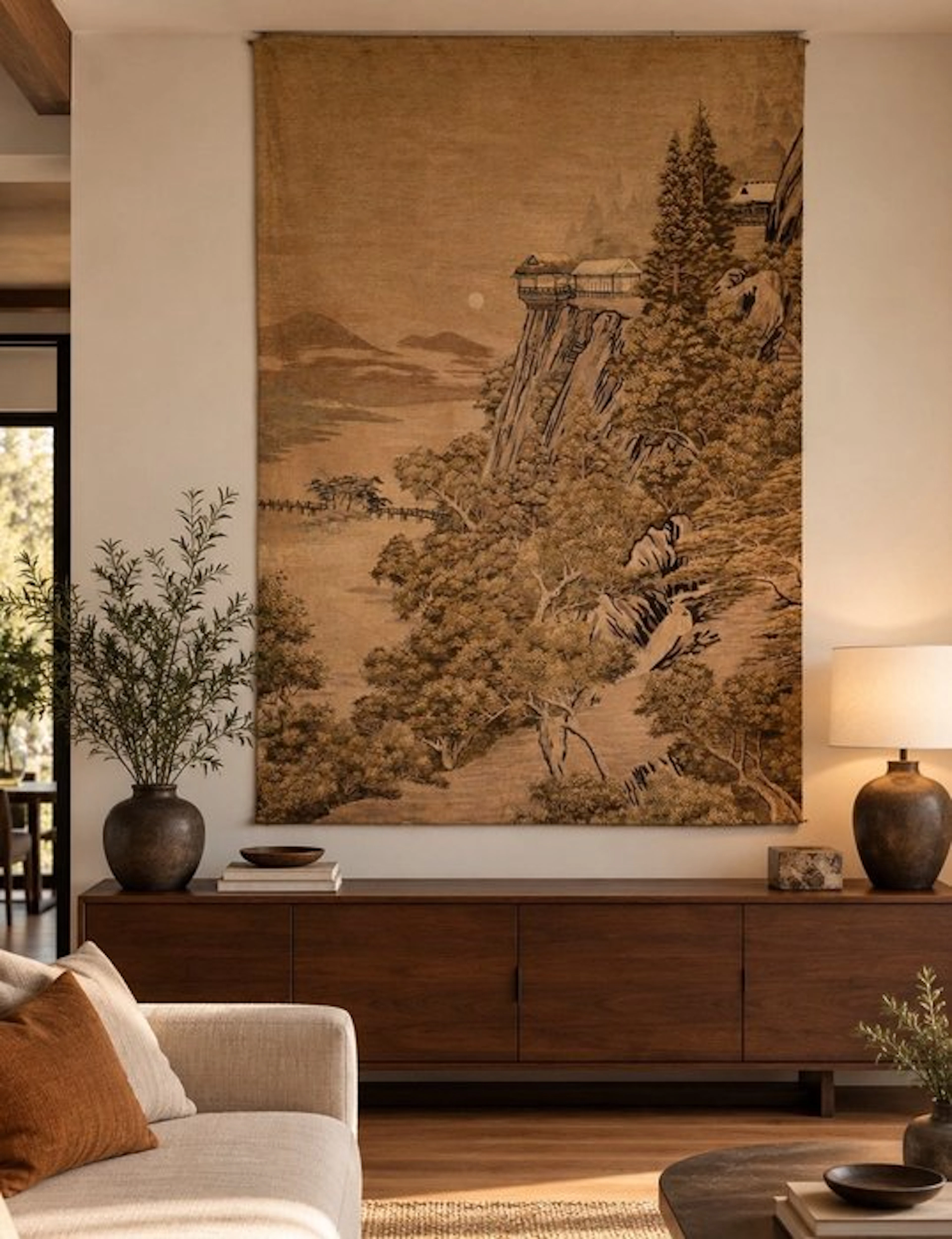 A fine silk embroidery depicting a mountain landscape at...