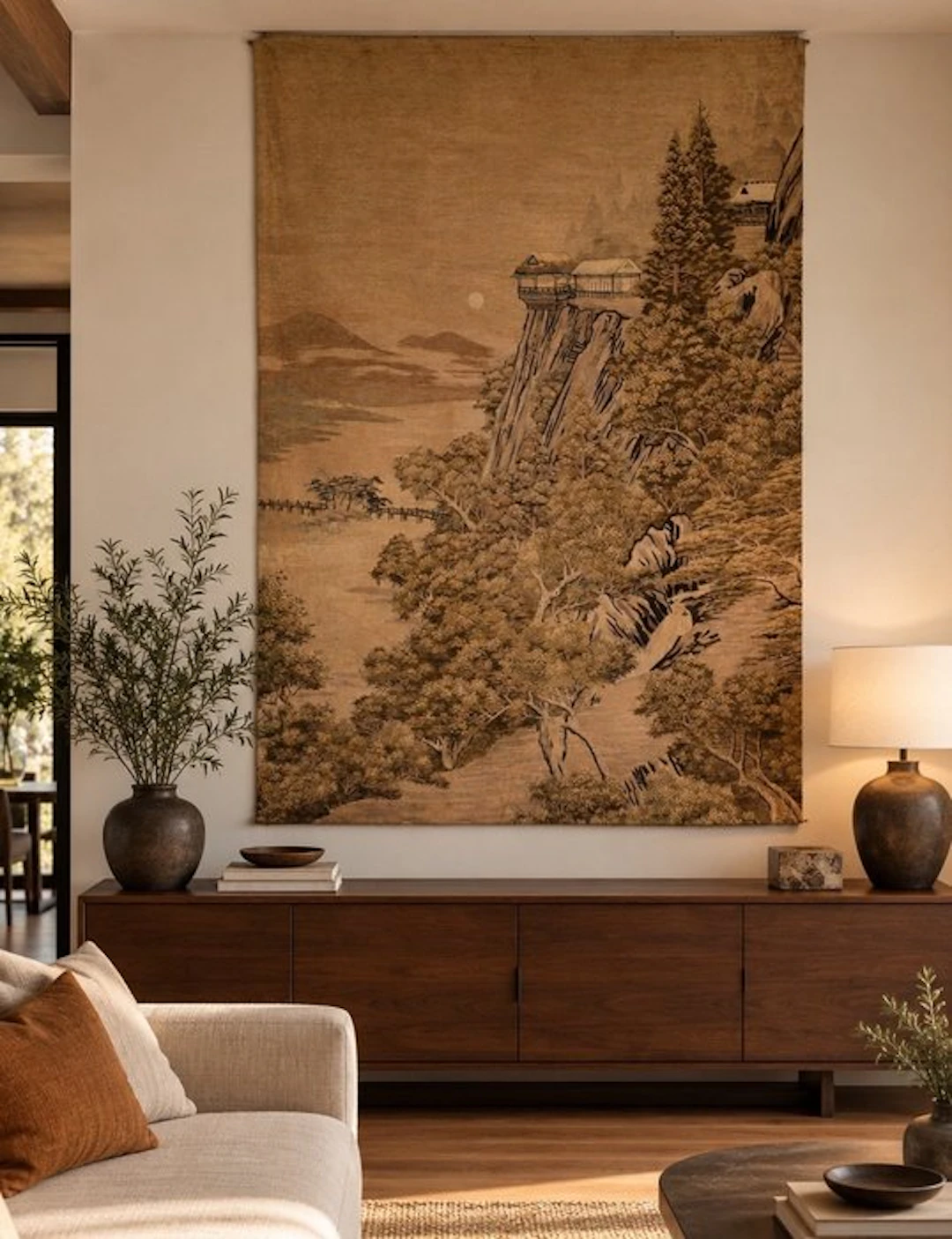 A fine silk embroidery depicting a mountain landscape at...