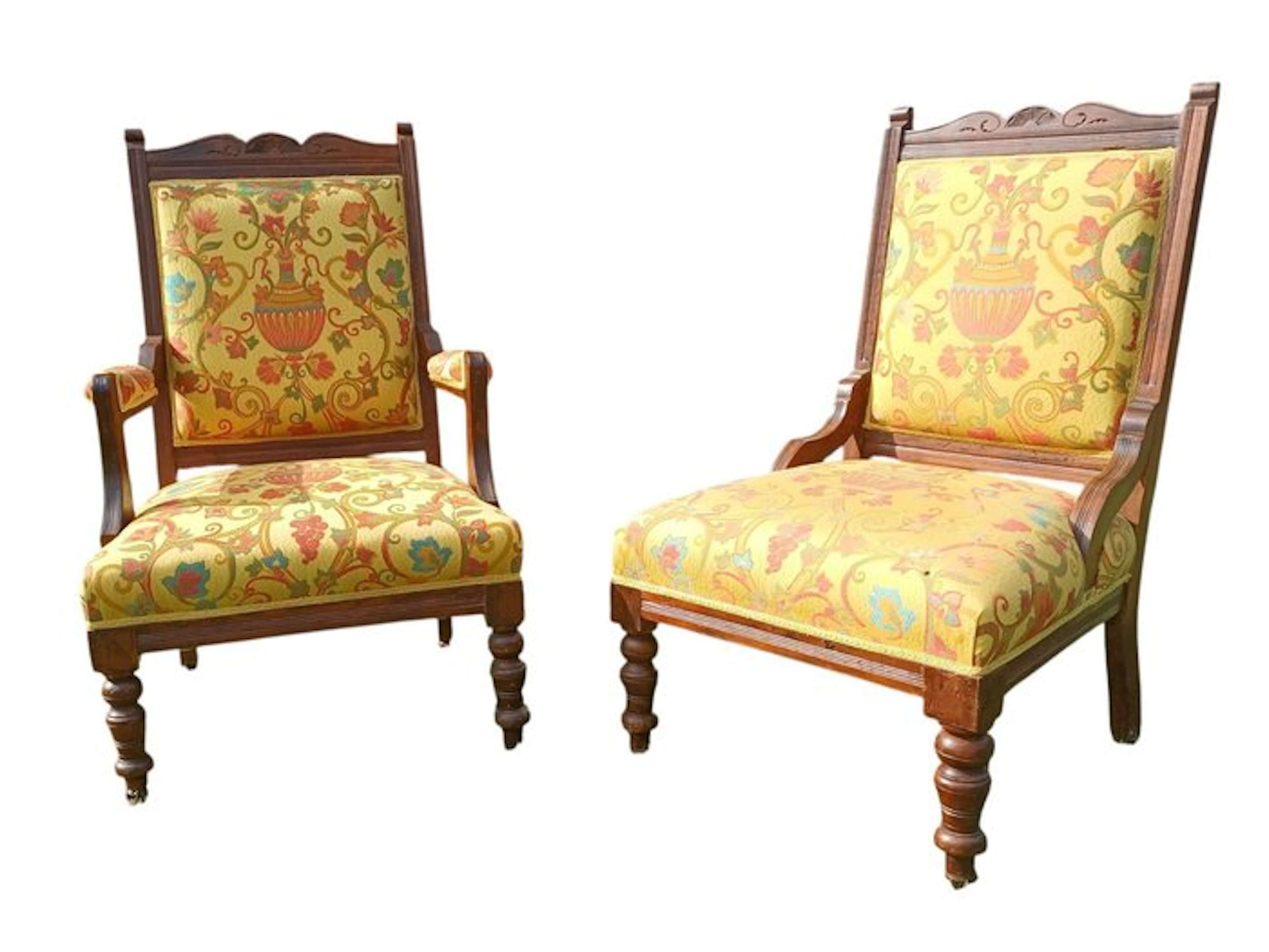 Armchair (2) - Walnut, Silk - 2 English armchairs - H: 90 cm