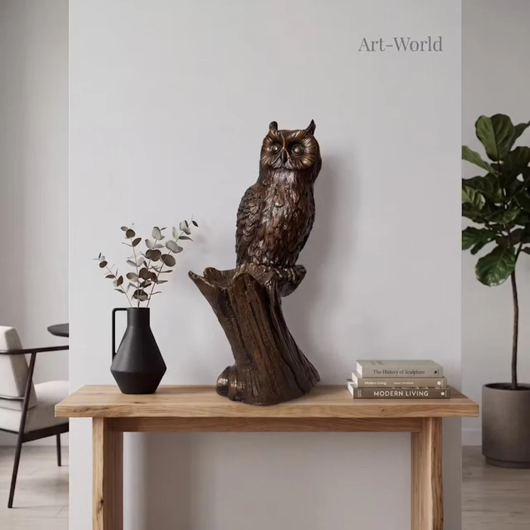 Statue, XL sculptuur van een uil op tak 40 cm. Gesigneerd - 40 cm - Bronze
