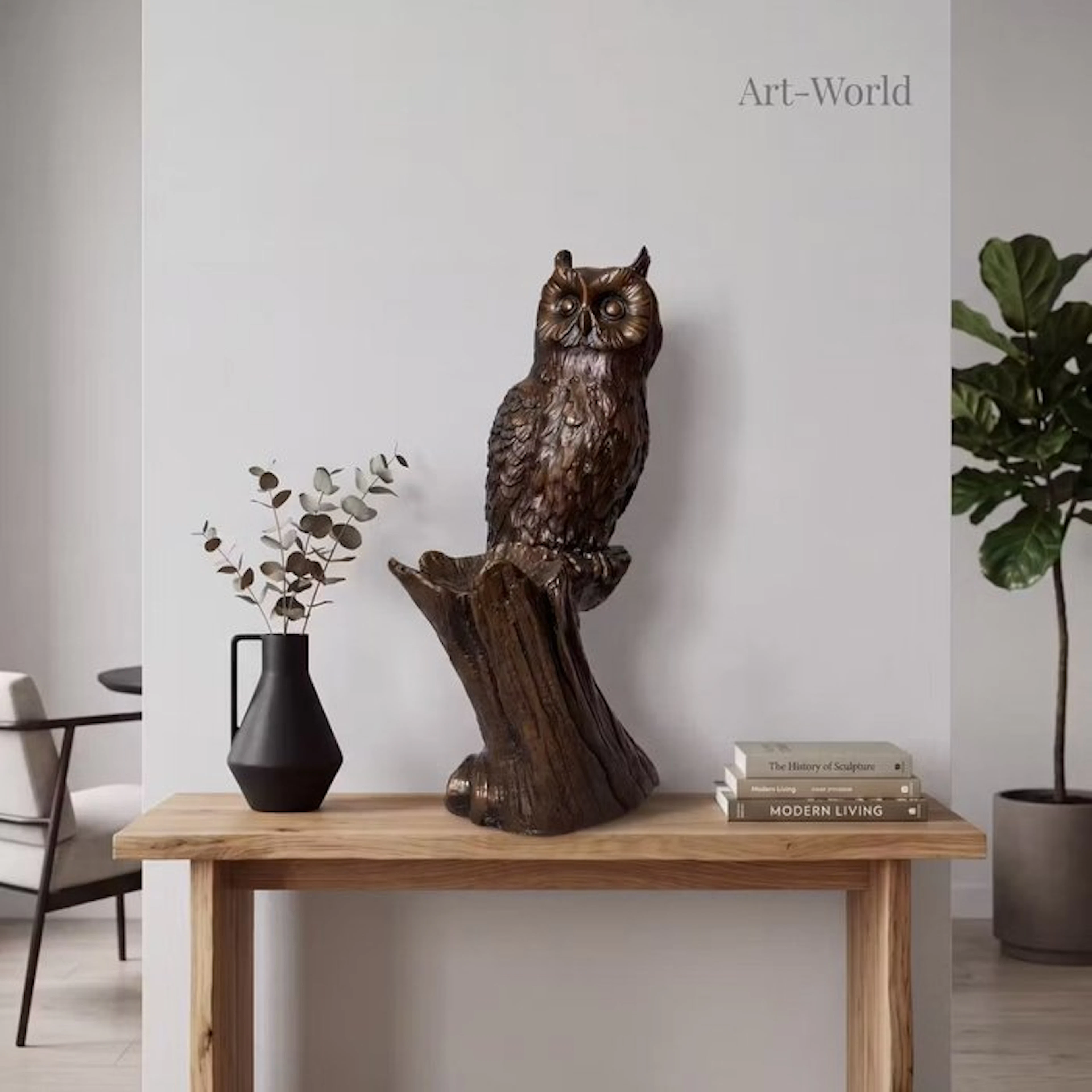 Statue, XL sculptuur van een uil op tak 40 cm. Gesigneerd - 40 cm - Bronze