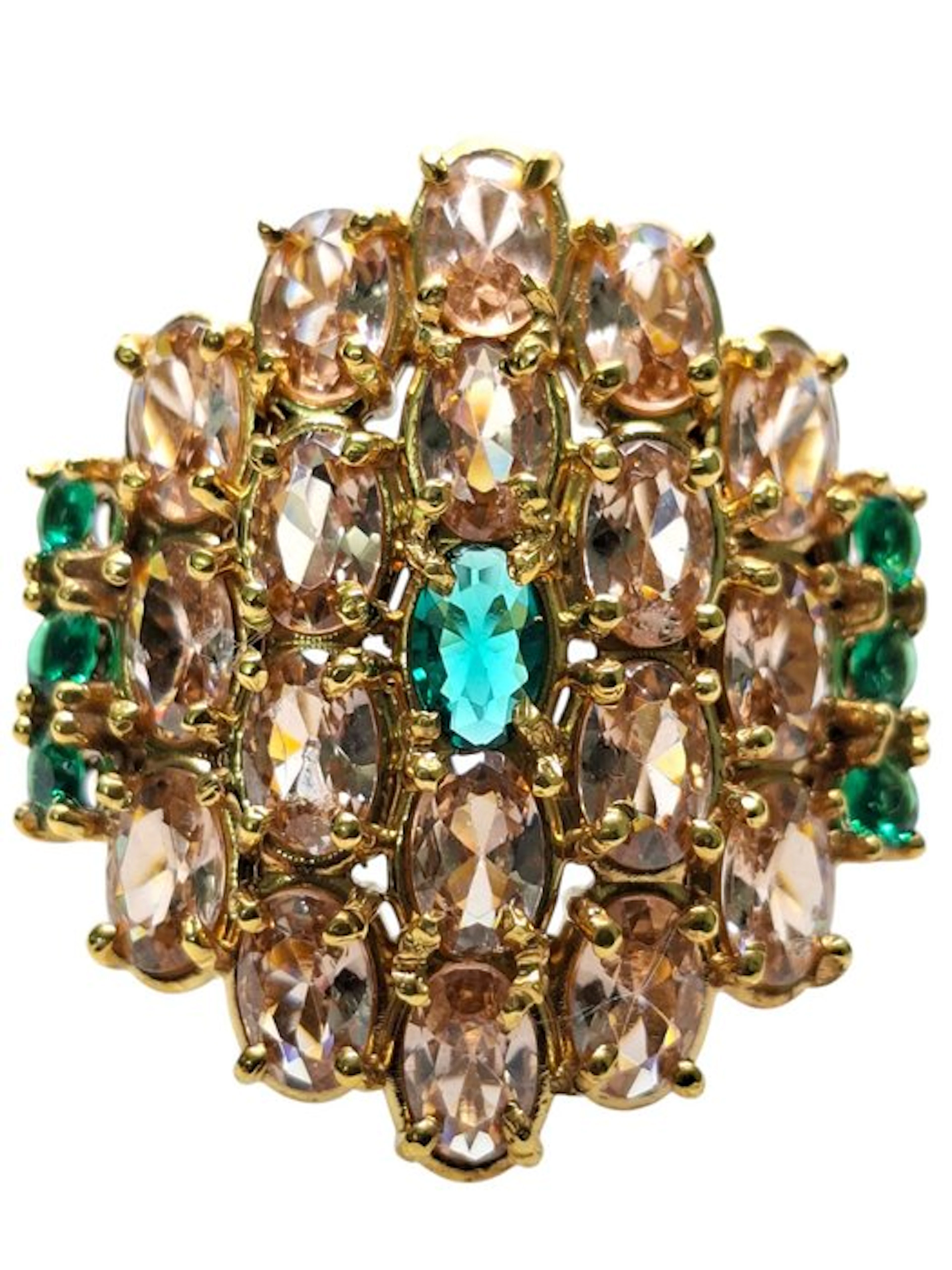 No reserve price - Ring - 9 kt. Silver, Yellow gold Morganite - Emerald