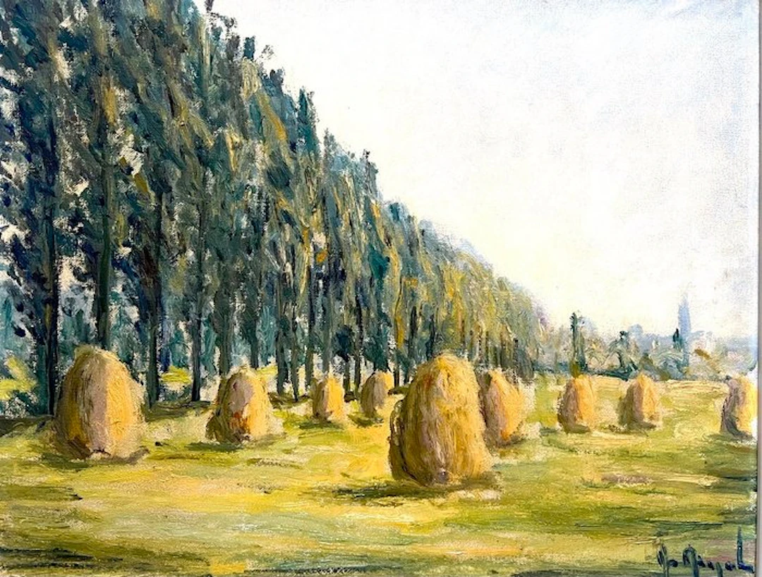 Belgian school (XX) - Zomerlandschap met hooimijten