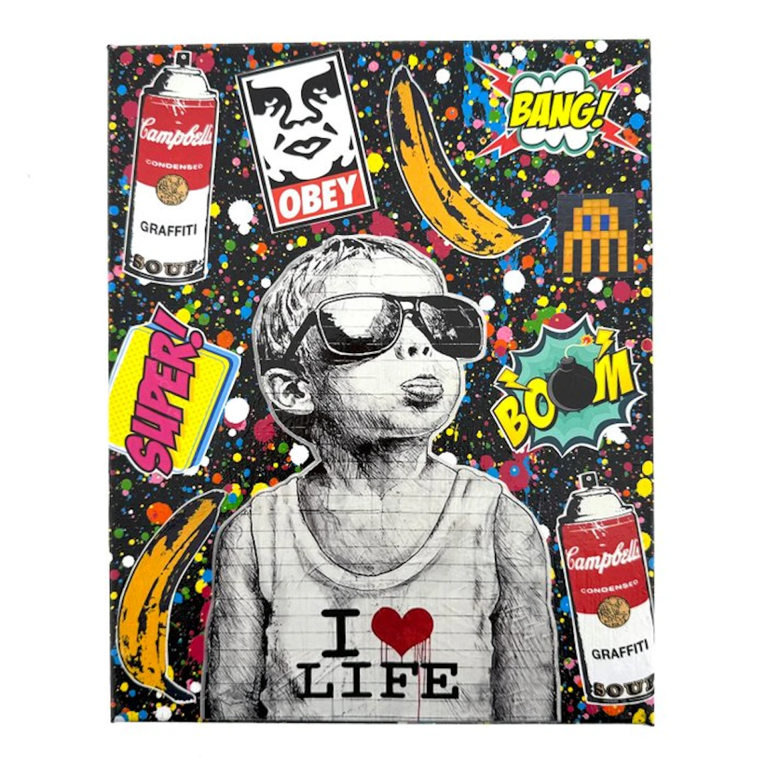 Koen Betjes (1992) - Banksy I Love Life Boy x Collage x Splash (canvas)
