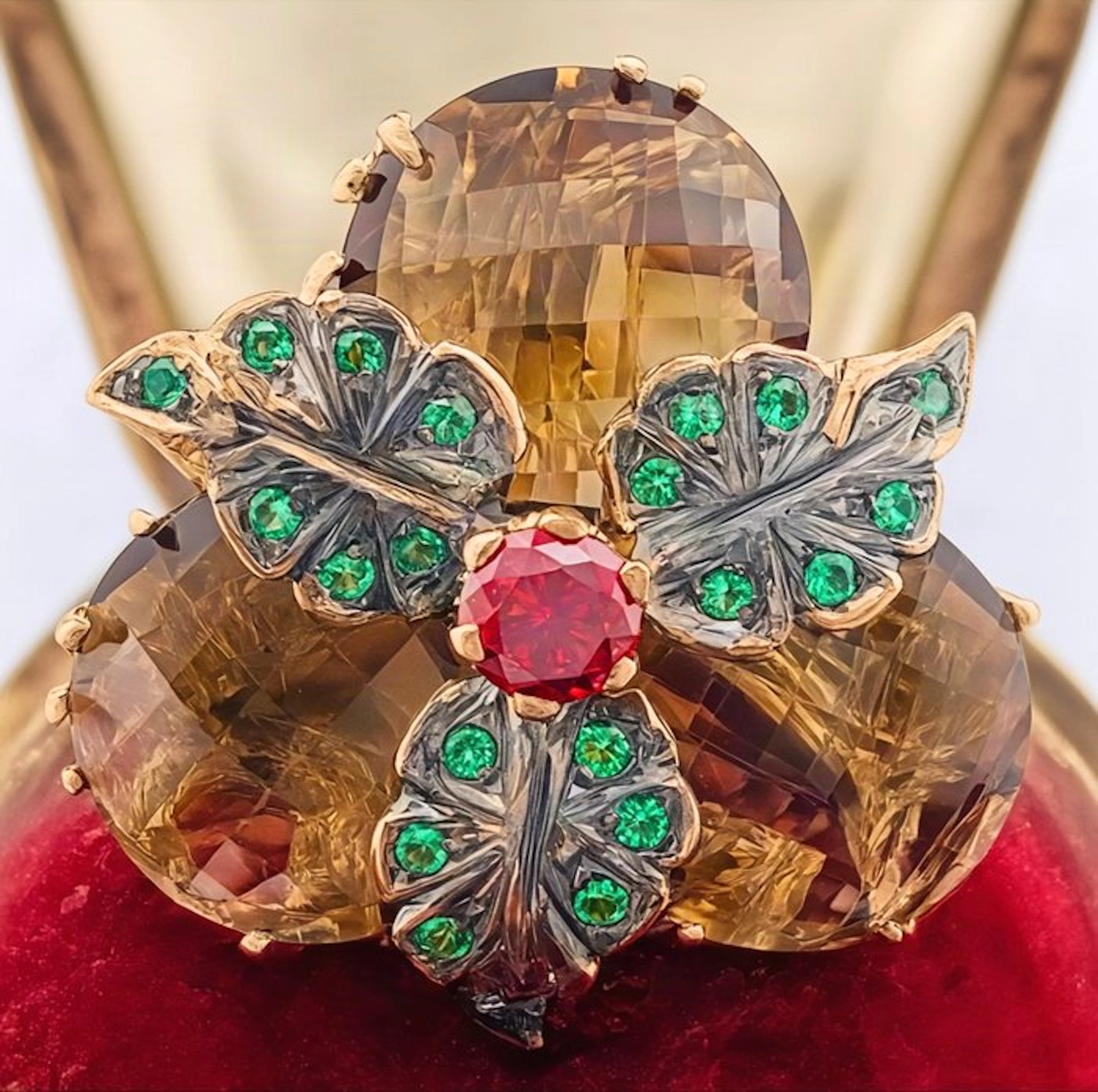 No reserve price - Ring - 9 kt. Rose gold, Silver Quartz - Emerald