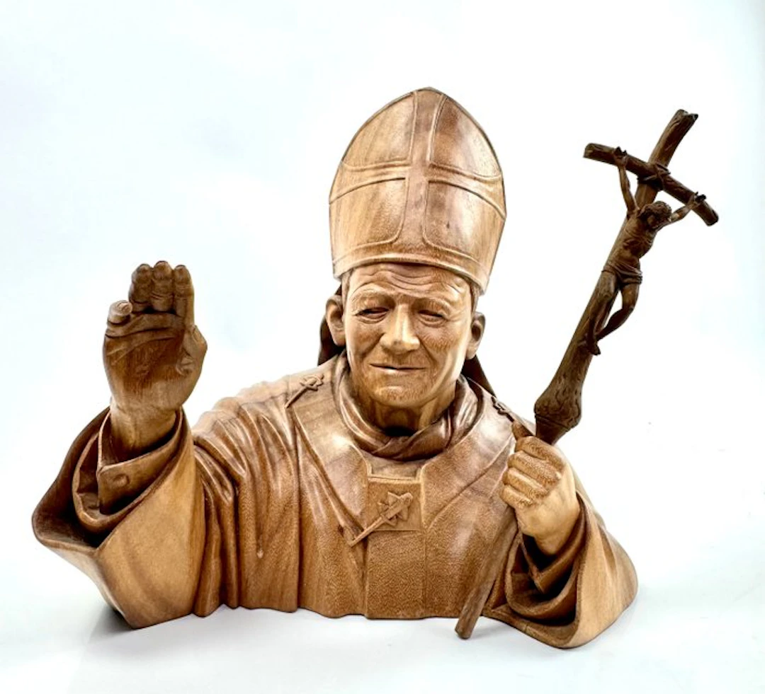 Sculpture, Scultura-San Giovanni Paolo II con Crocifisso - 40 cm - Teak - 2000