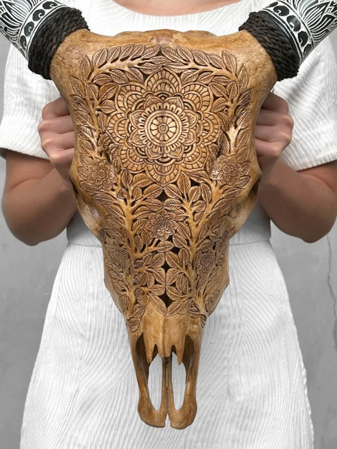 NO RESERVE PRICE - Brown Cow Skull with Bohemian Carved...