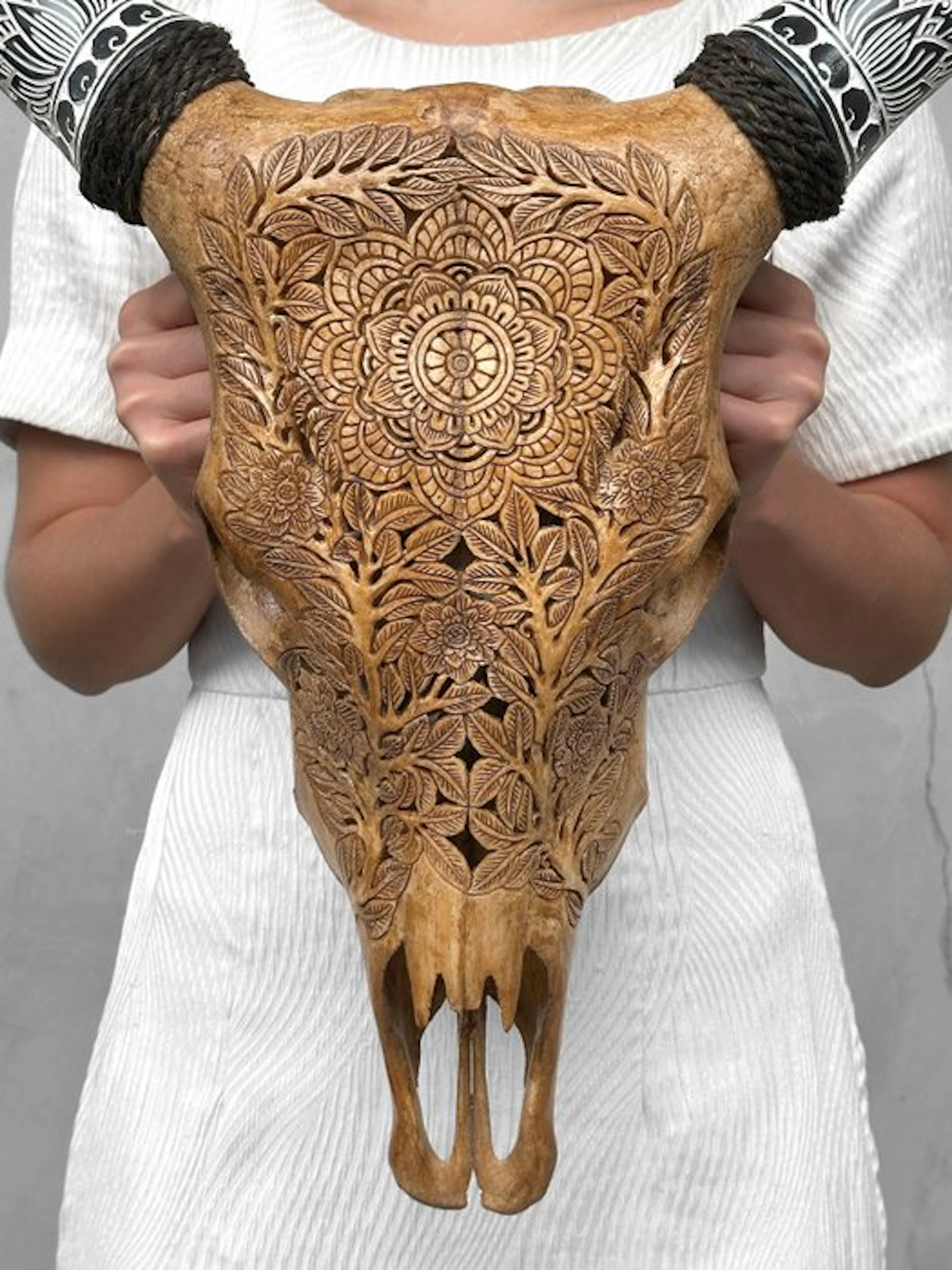 NO RESERVE PRICE - Brown Cow Skull with Bohemian Carved...