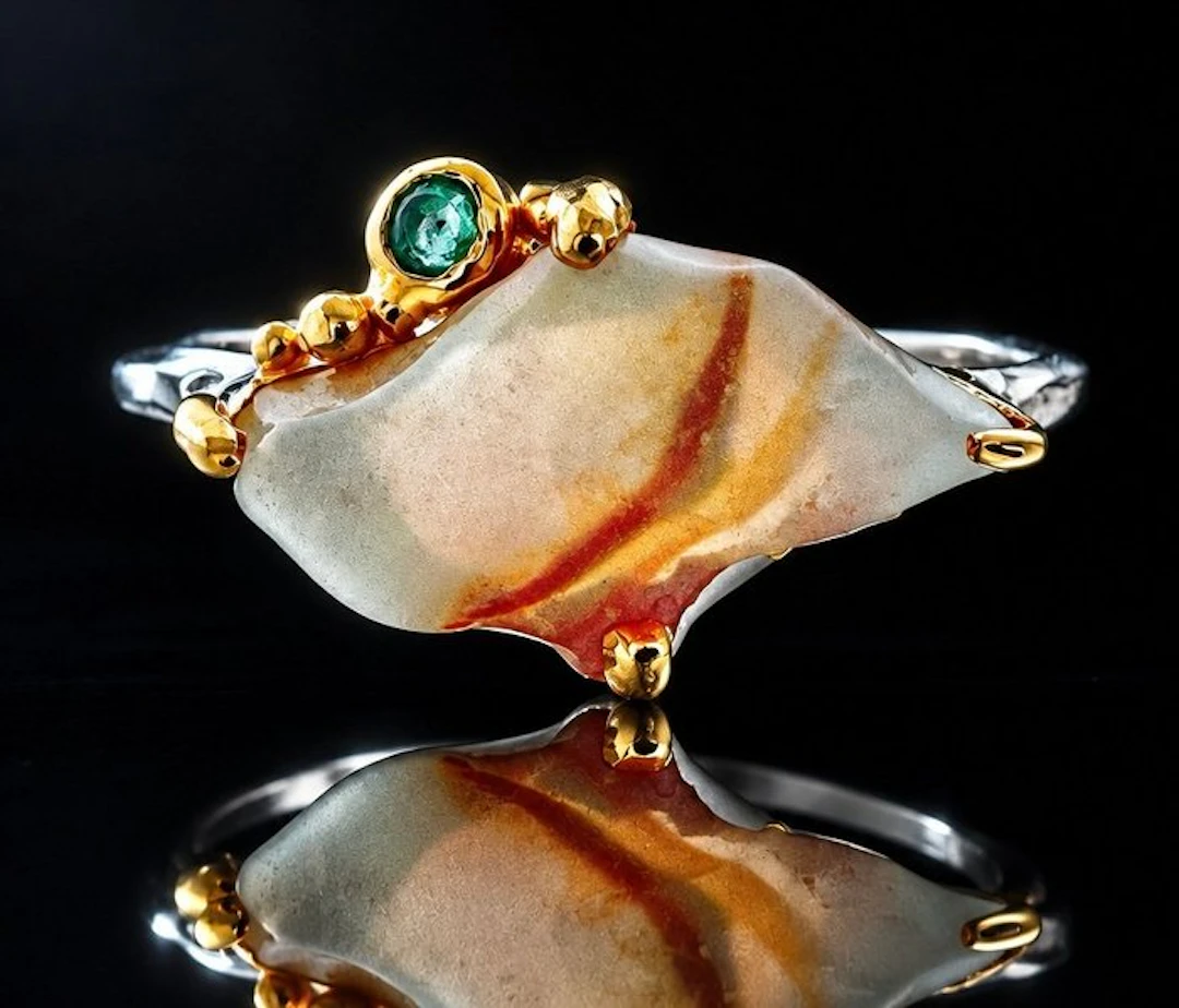 925 silver, partially gold-plated, opal, emerald - Ring