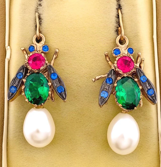 No reserve price - Earrings - 9 kt. Rose gold, Silver Emerald - Sapphire