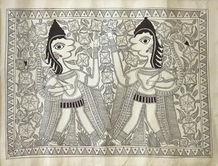 Madhubani (Mithila) painting – Two female figures under a...