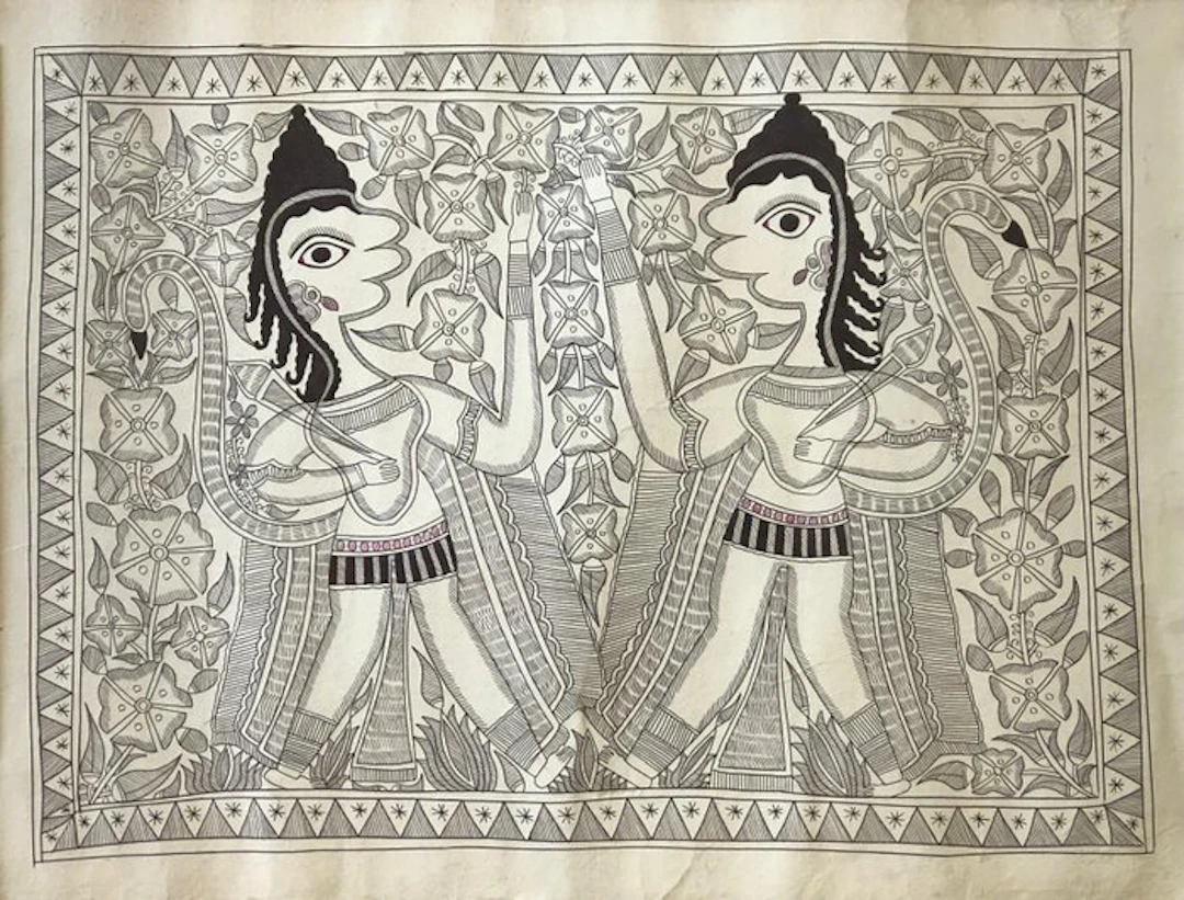 Madhubani (Mithila) painting – Two female figures under a...