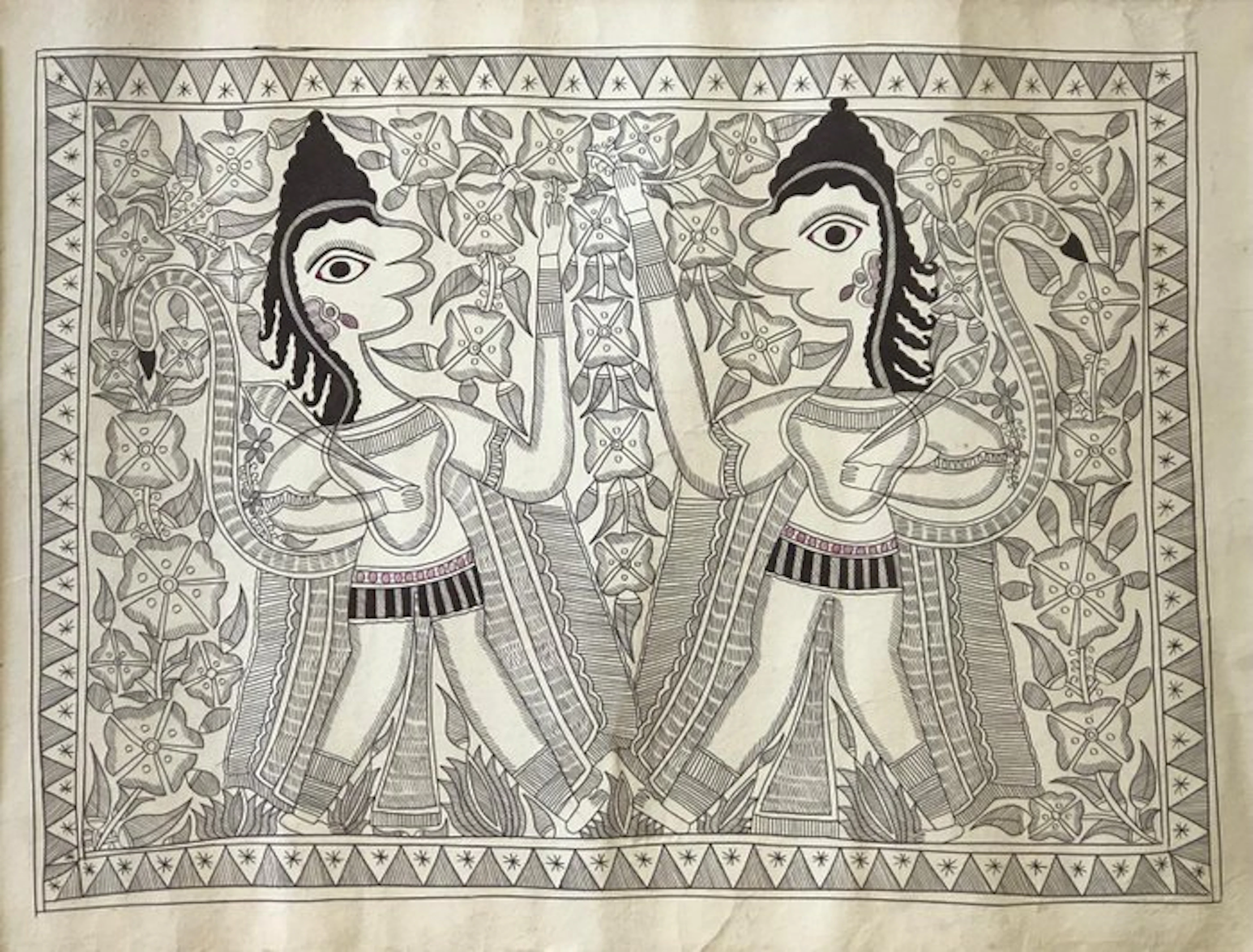 Madhubani (Mithila) painting – Two female figures under a...
