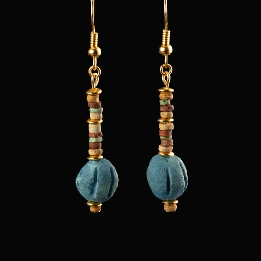 Ancient Egypt, Late Period Earrings, with Faience Melon Beads