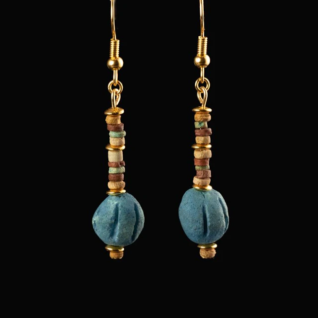 Ancient Egypt, Late Period Earrings, with Faience Melon Beads