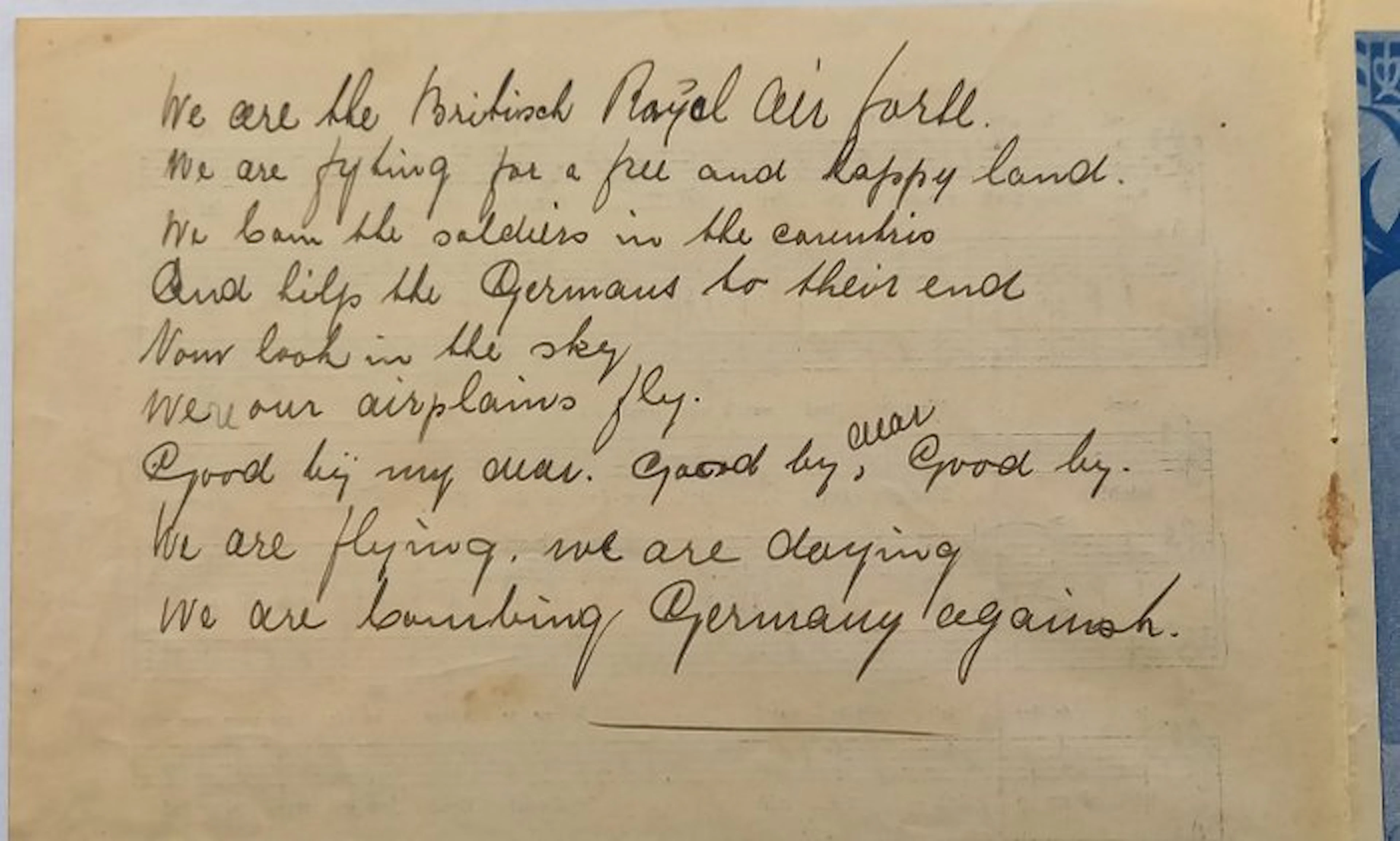 Netherlands - RAF, handwritten RAF - song. 1940/1945 - Military accessories