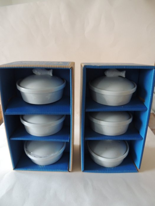 Tureen - Two sets of six small white porcelain containers...