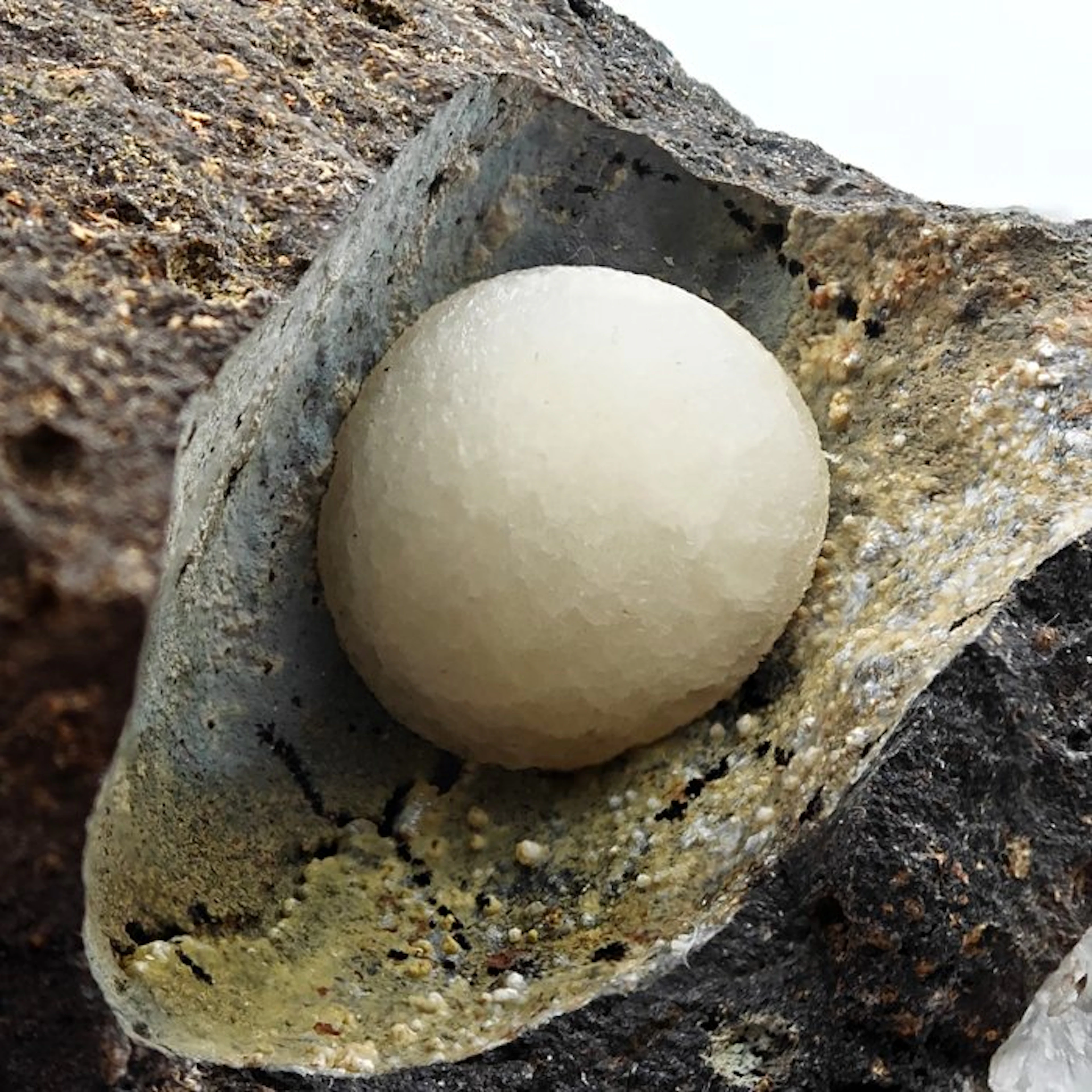 LARGE WHITE CALCITE SPHERE AESTHETICS in a DARK BASALT GEODE