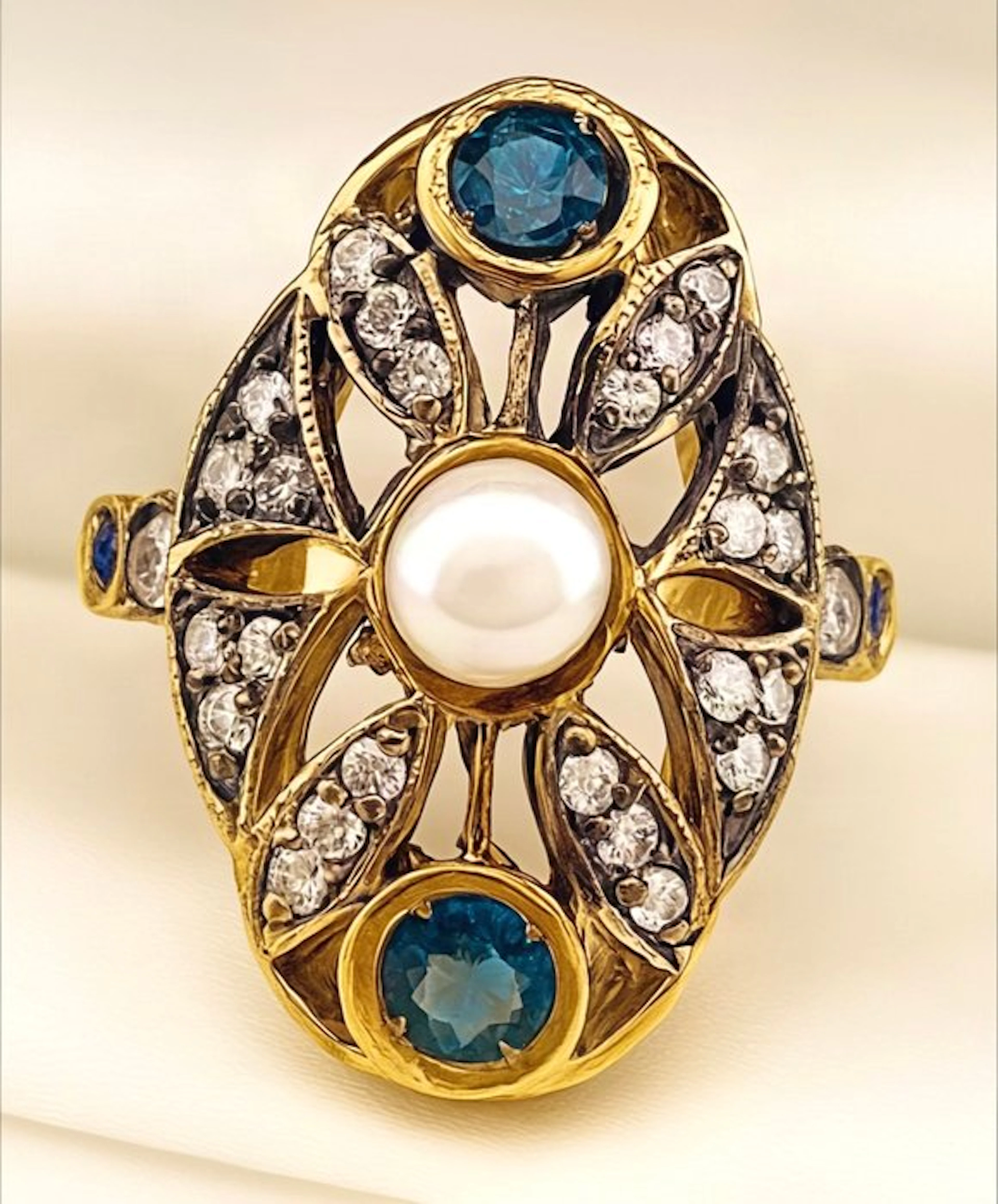 No reserve price - Ring - 9 kt. Yellow gold, Silver Pearl - Diamond