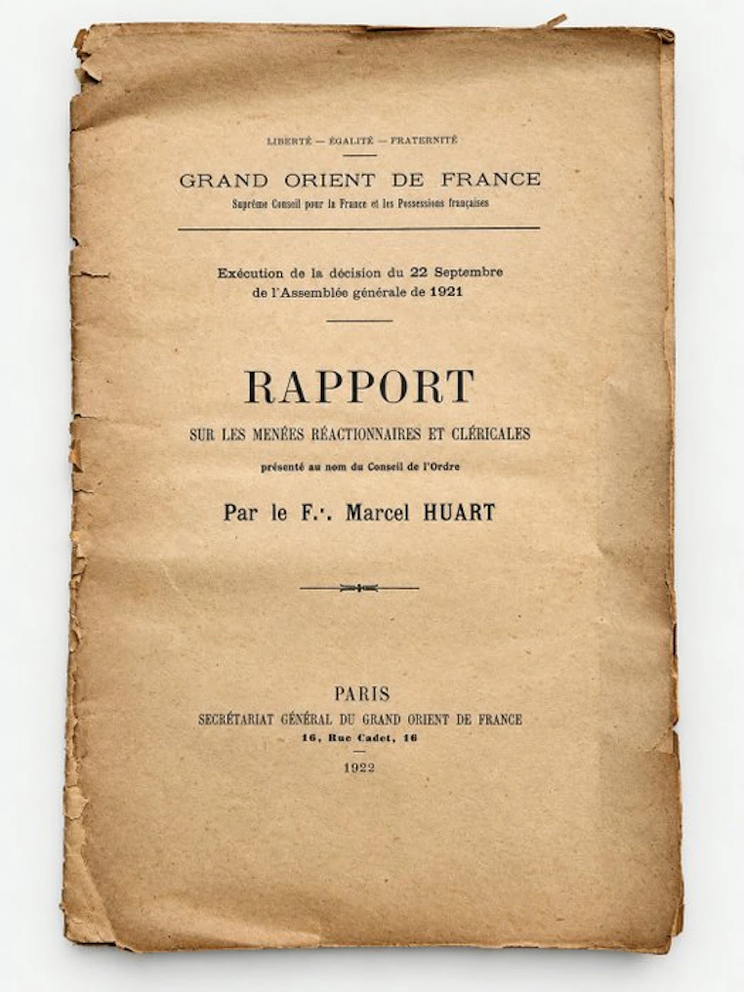 Marcel Huart - Rapport sur les menées réactionnaires et cléricales - 1922