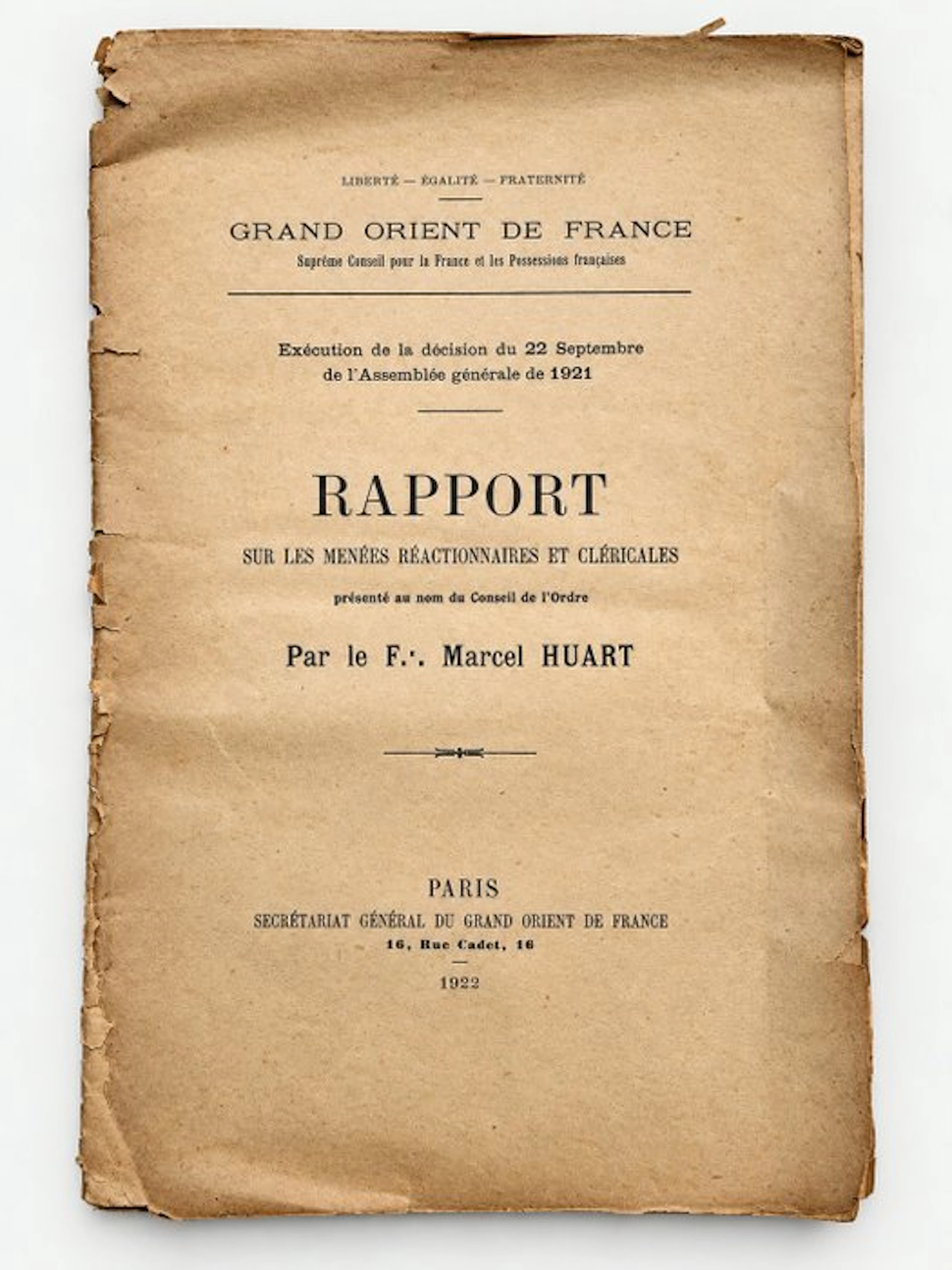 Marcel Huart - Rapport sur les menées réactionnaires et cléricales - 1922
