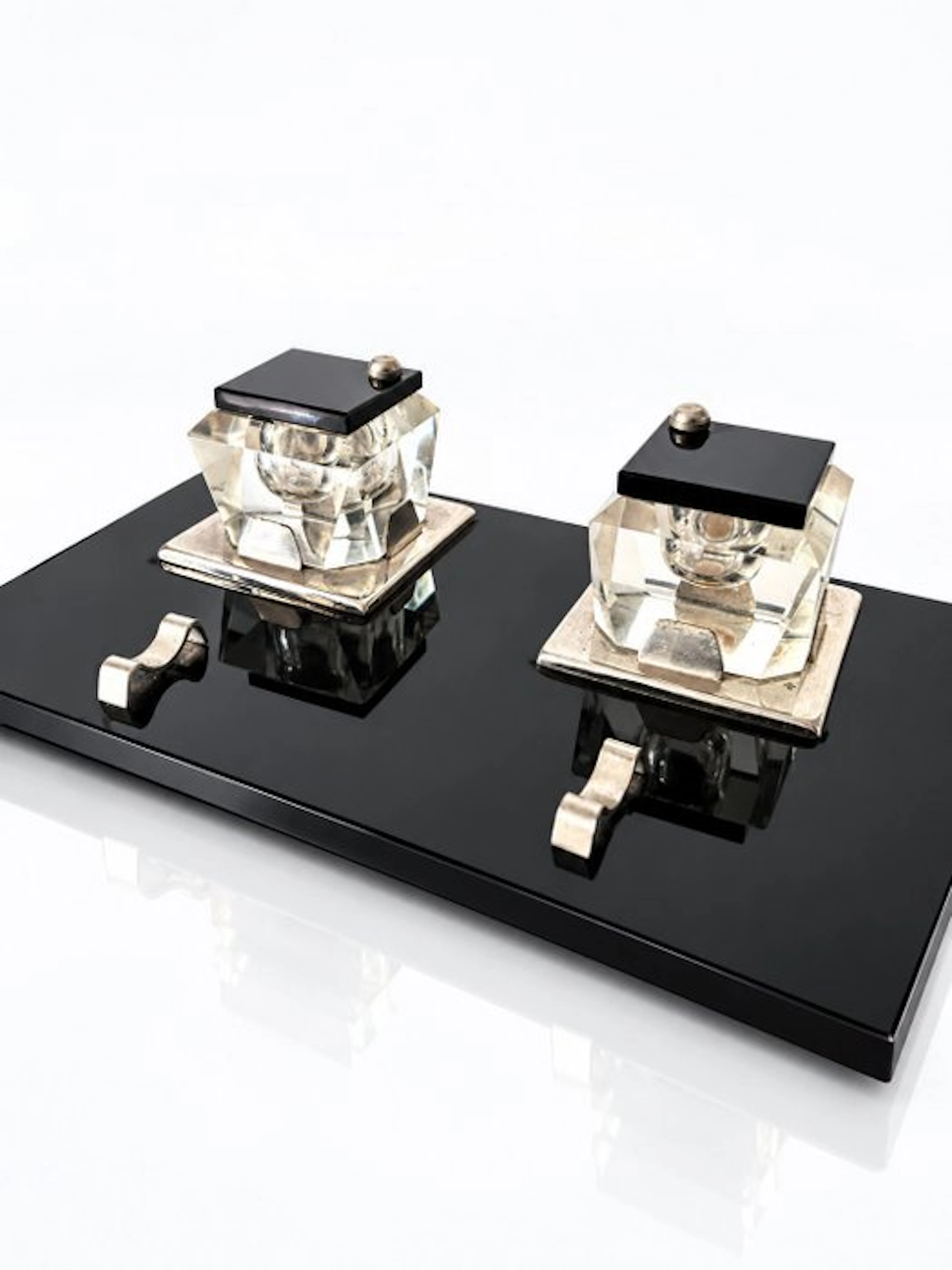 Italian Art Deco Double Inkwell Desk Set – Faceted Glass...