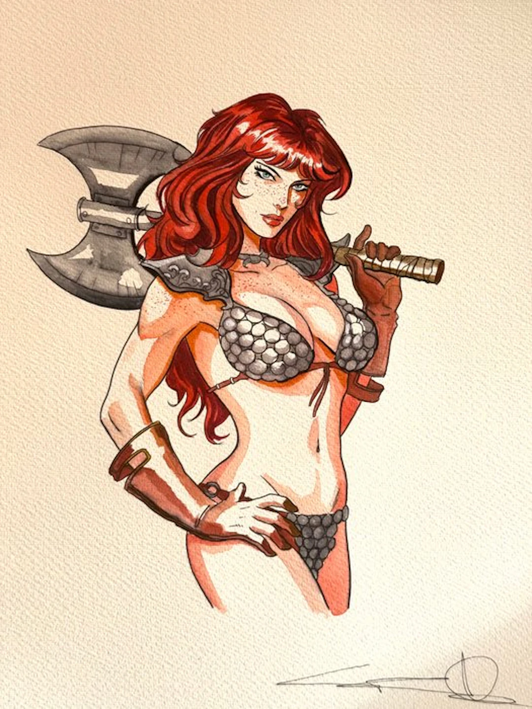 Candita, Giuseppe - 1 Original colour drawing - Red Sonja - Battle axe - 2026