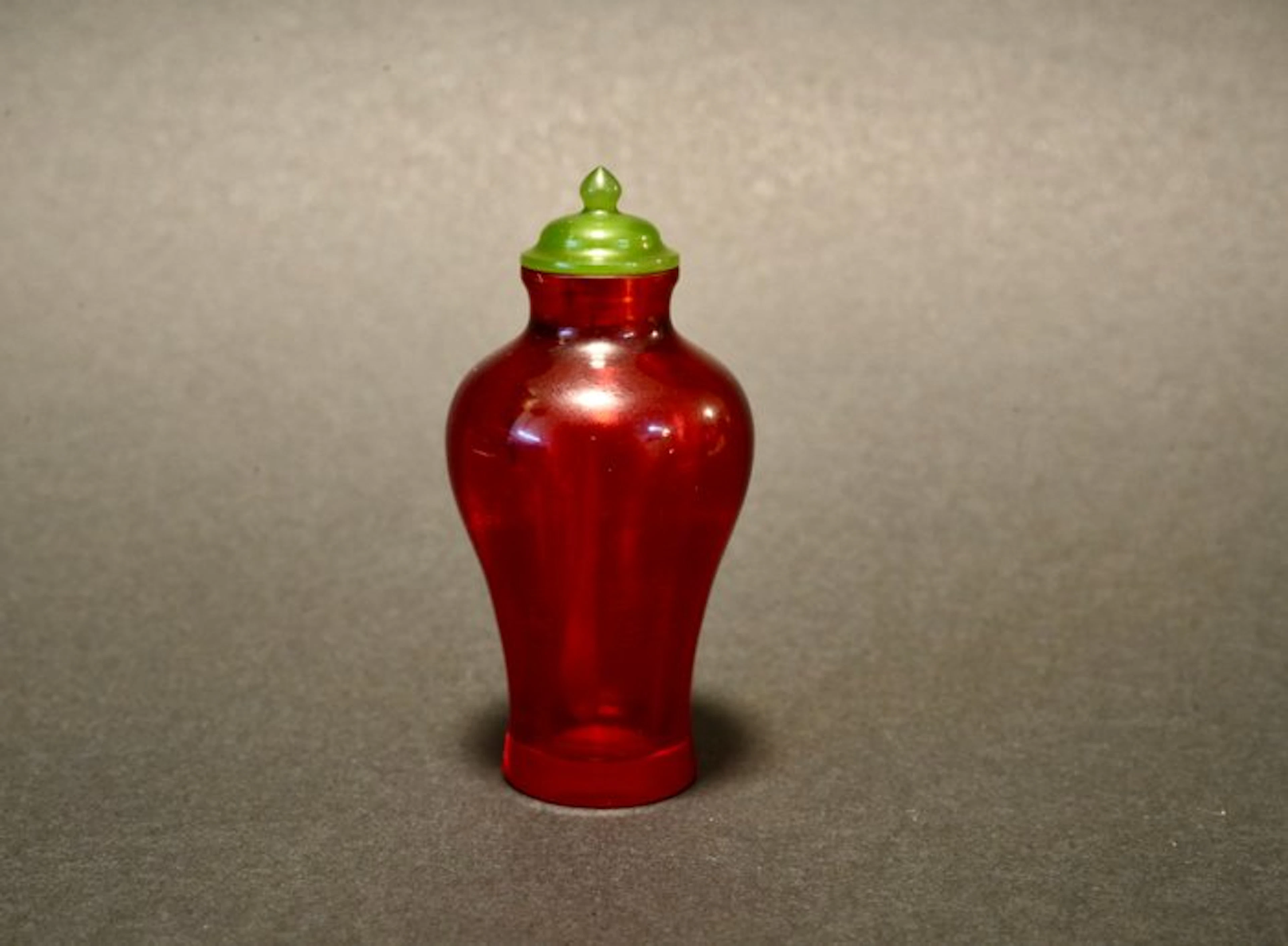 20th Century Red Glass Snuff Bottle with Green Glass Stopper, in Meiping Form