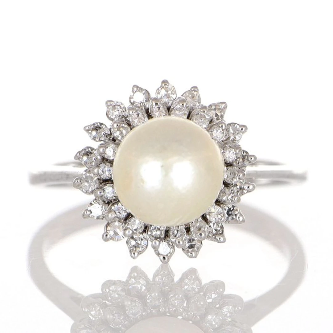 No reserve price - Ring - 18 kt. White gold Pearl - Diamond