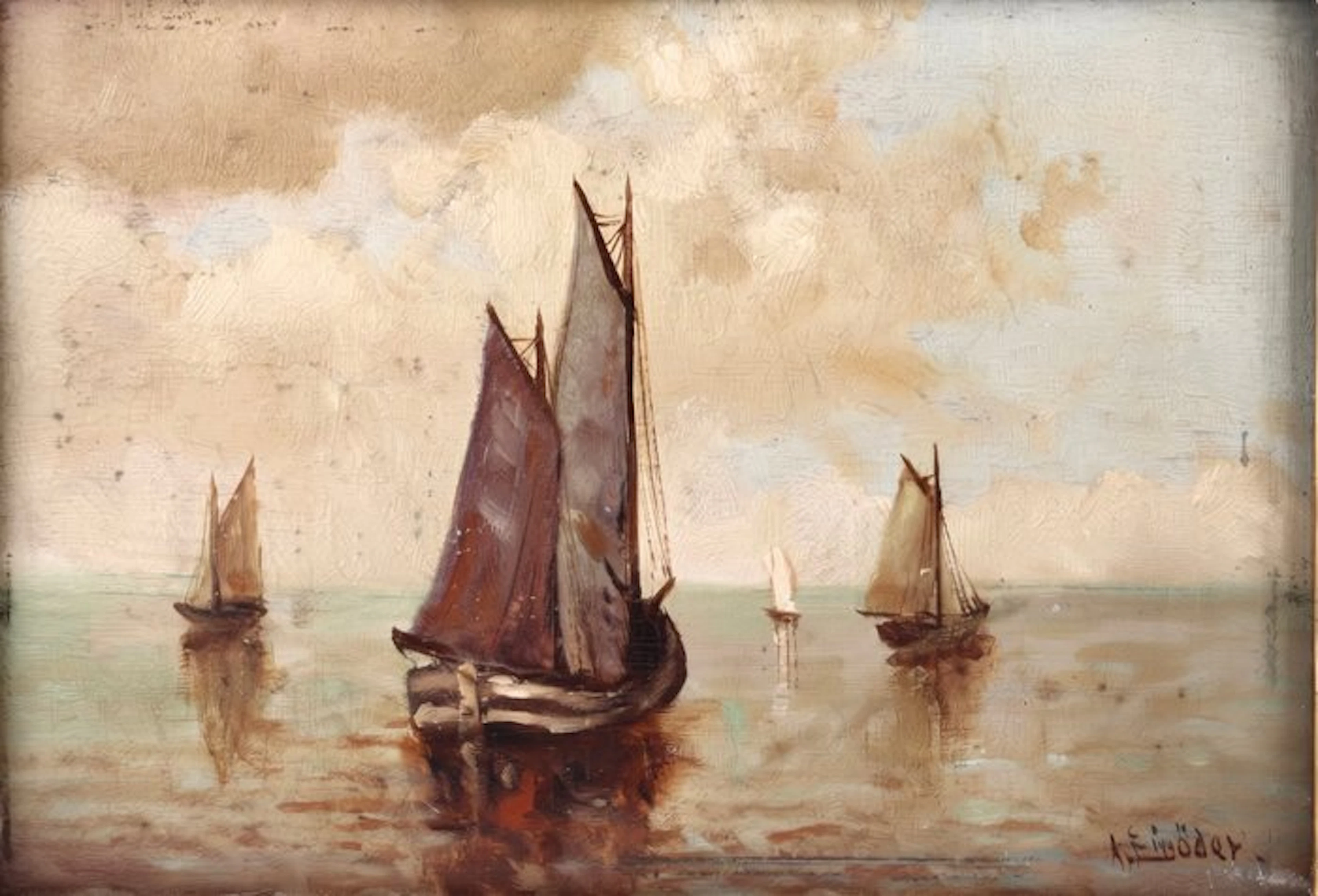 A. Einöder (XIX-XX) - Maritime Szene mit Segelschiffen auf ruhiger See