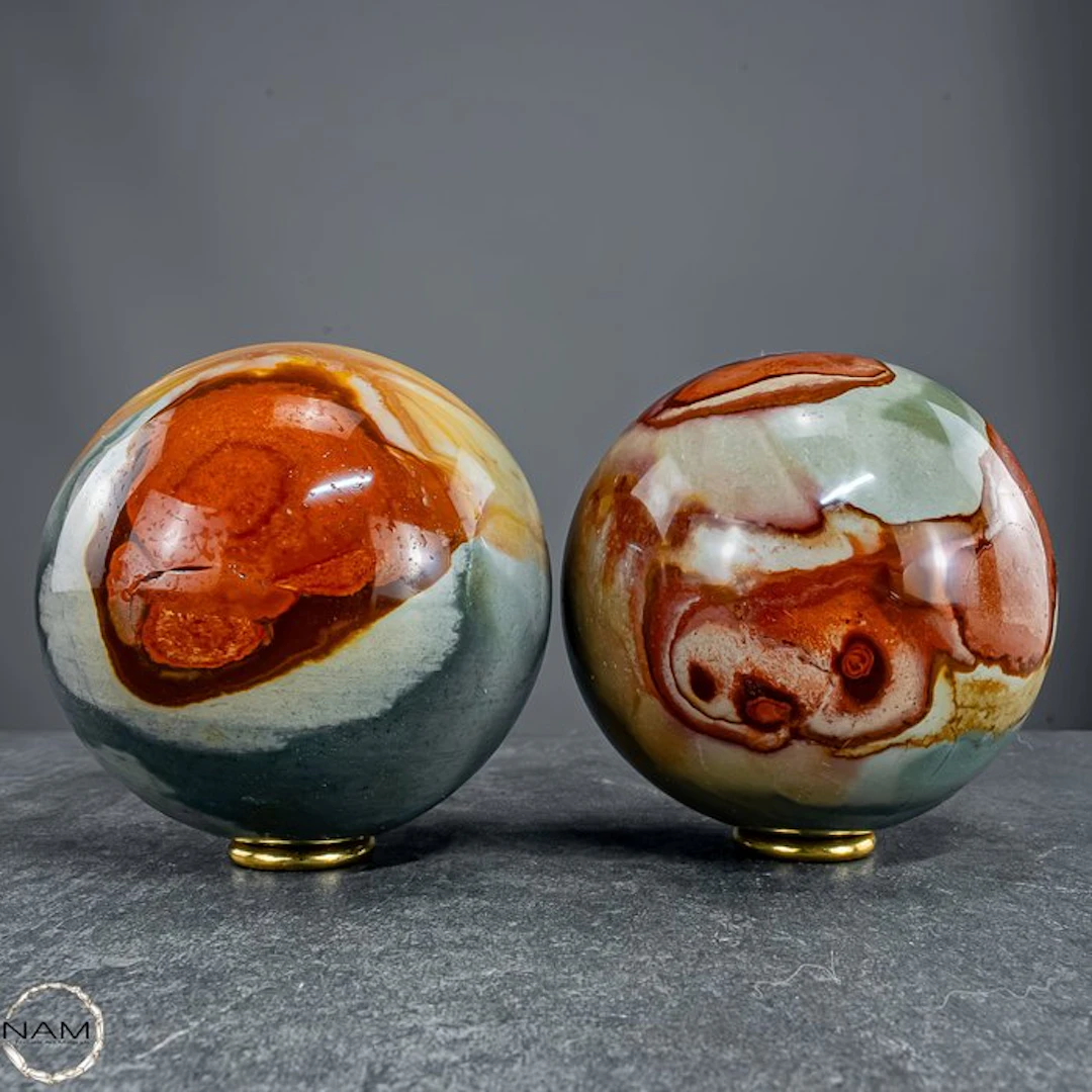 Extraordinary Polychrome Jasper Sphere Set – two large...