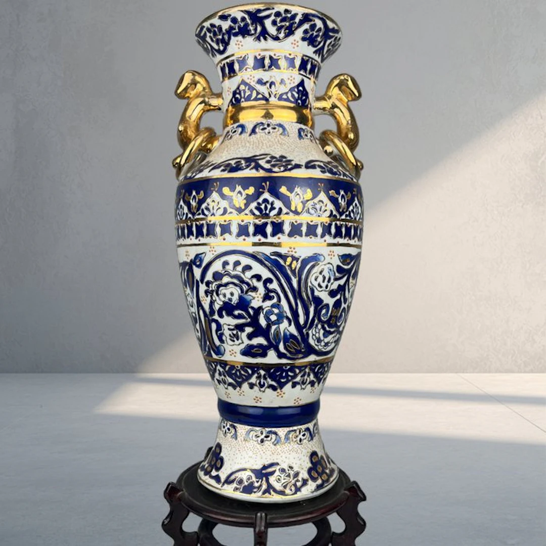 Large Satsuma Style Moriage Porcelain Vase with Wooden...
