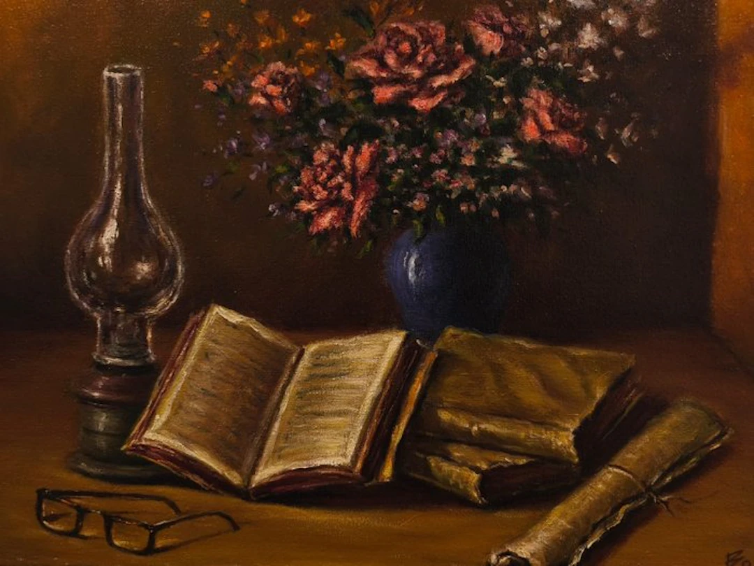 Escuela Impresionista Europea (XX) - Bodegón de Pergaminos y Flores