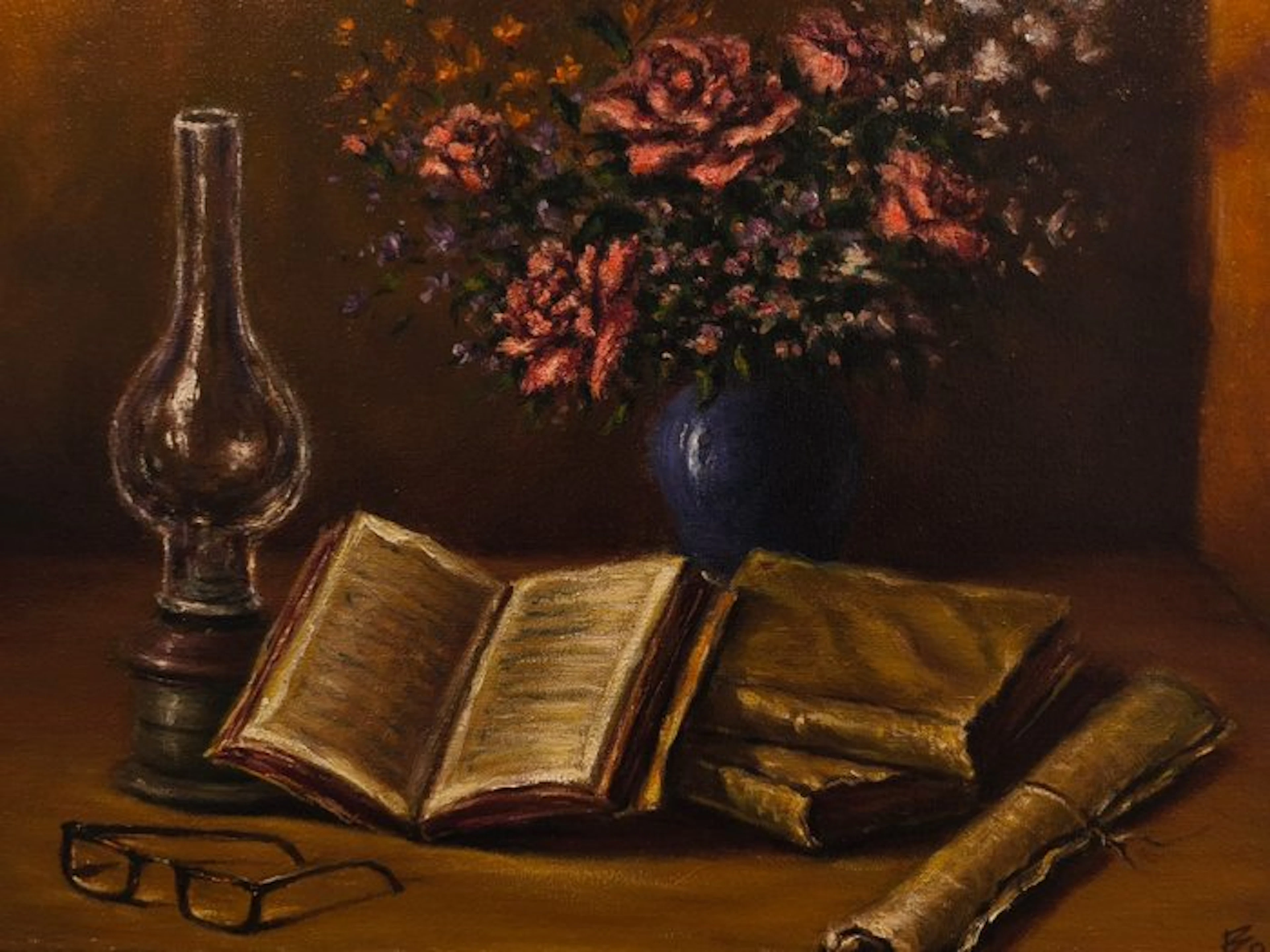 Escuela Impresionista Europea (XX) - Bodegón de Pergaminos y Flores