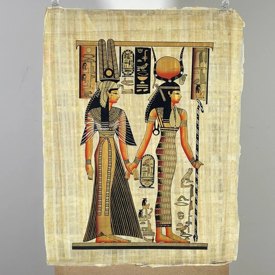 Traditional Egyptian Painting on Papyrus - Goddess Isis Guiding Queen Nefertari