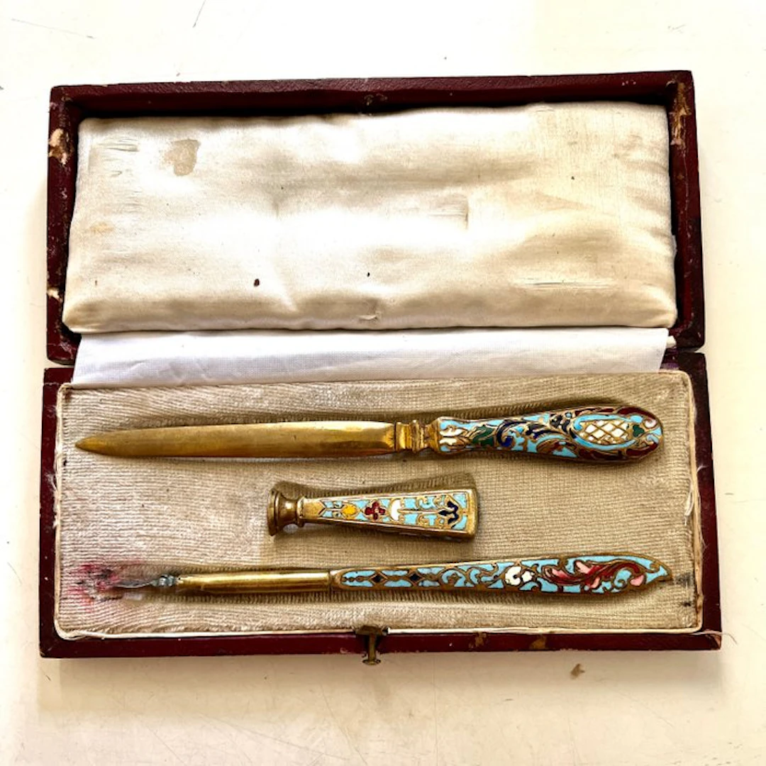 Desk set - Antieke bureauset - Brass, Enamel
