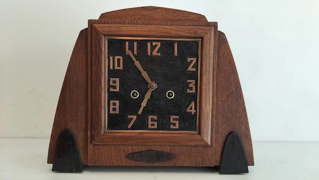 Amsterdam School Clock - Art Deco Brass, Eiken-Coromandel - 1920-1930