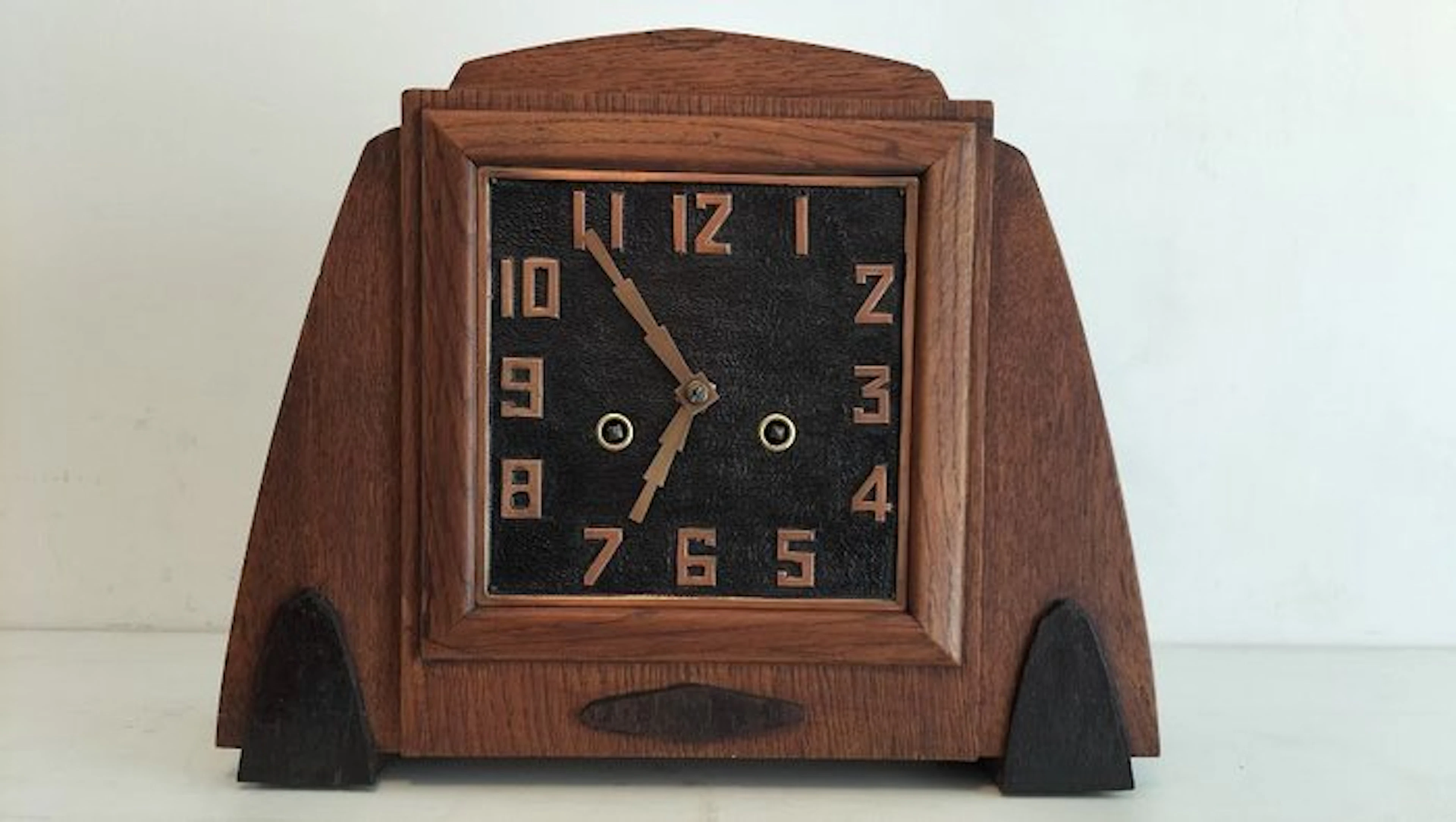 Amsterdam School Clock - Art Deco Brass, Eiken-Coromandel - 1920-1930