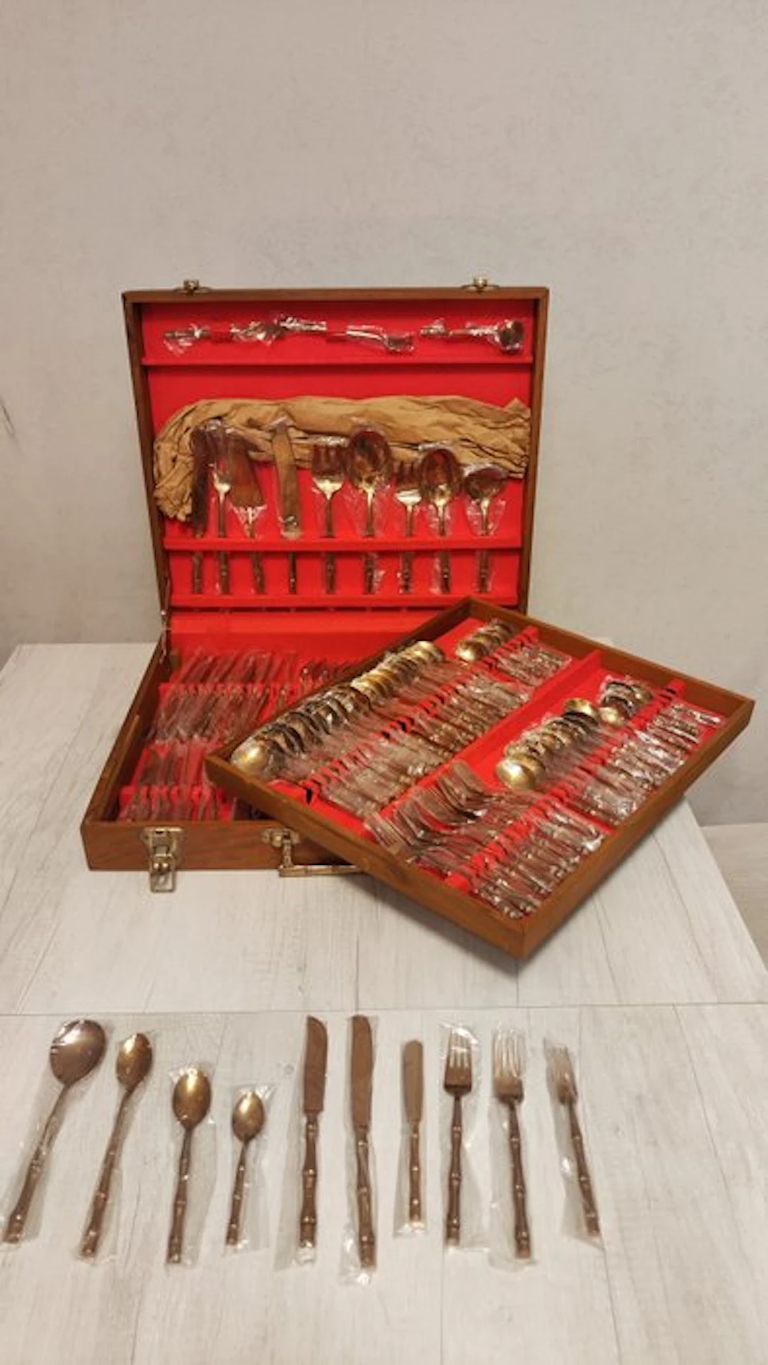 Cutlery set for 12 (12) - Bamboo - Brass, Bronze