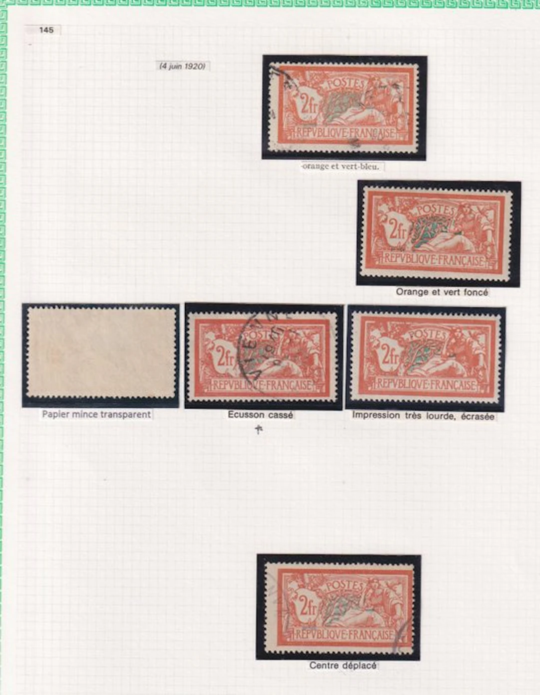 France 1920 - étude avec variété écusson cassé sur le 2frs Merson - Yvert n°145
