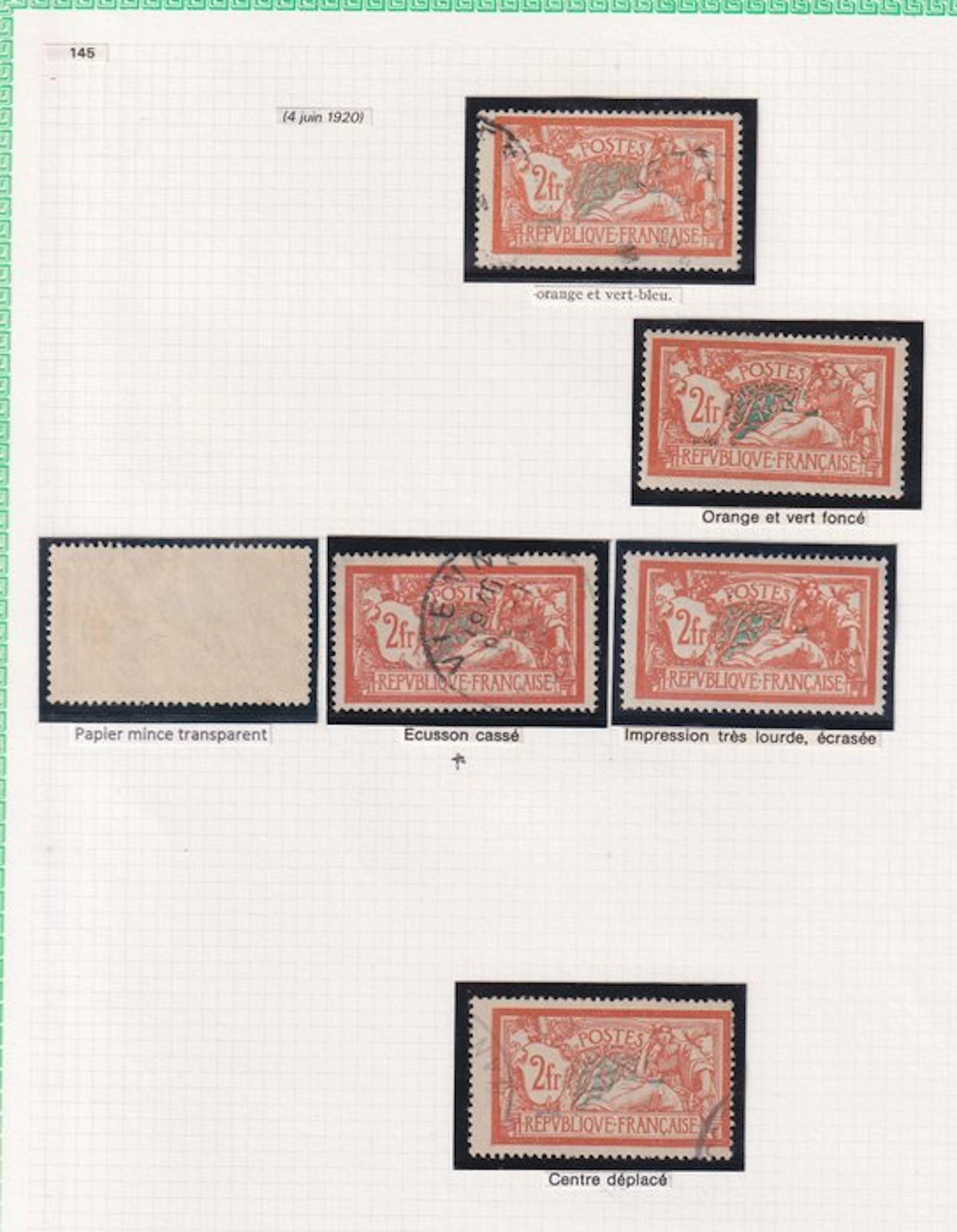 France 1920 - étude avec variété écusson cassé sur le 2frs Merson - Yvert n°145