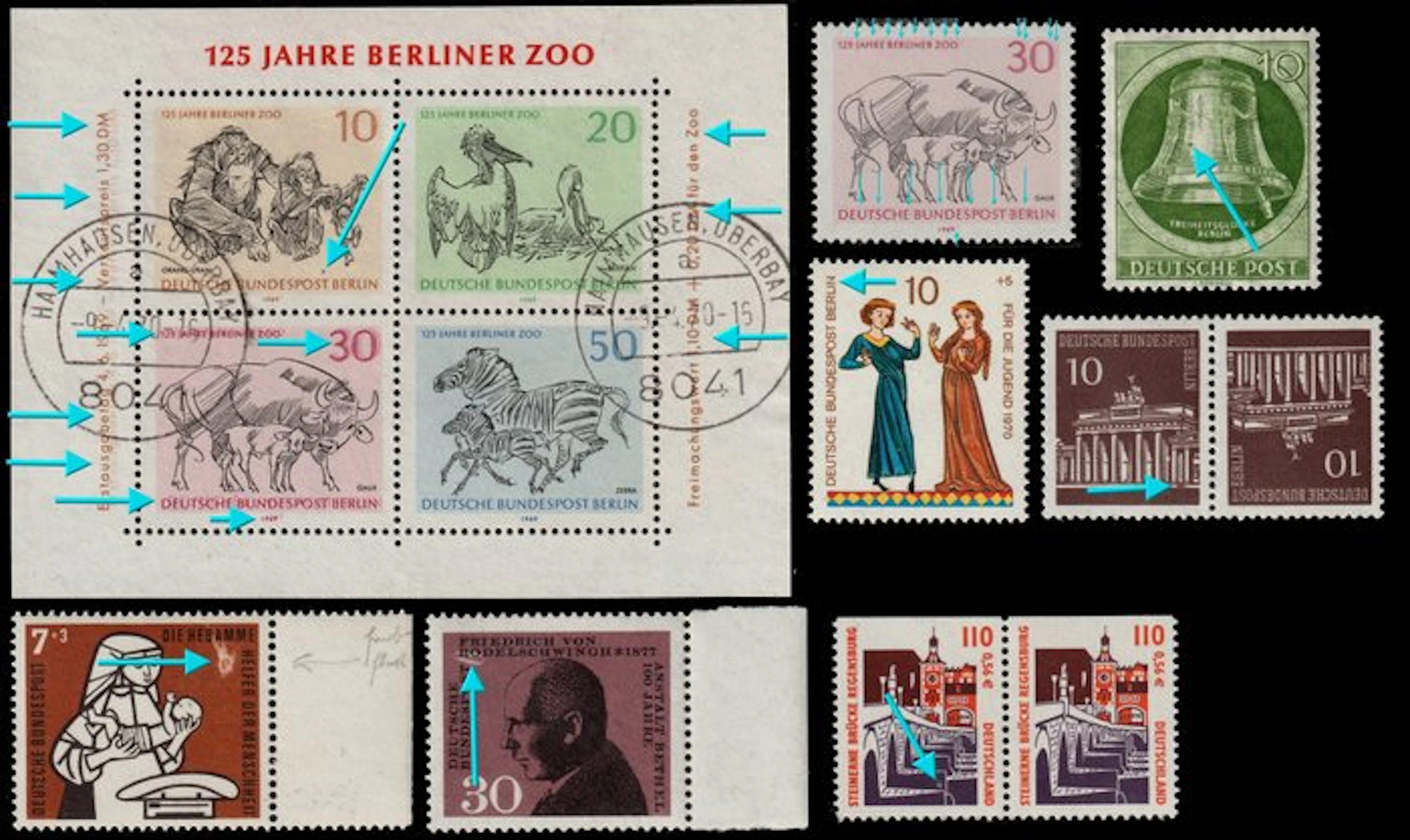 Germany 1950/2001 - Lot of 8 beautiful plate misprints/printing anomalies
