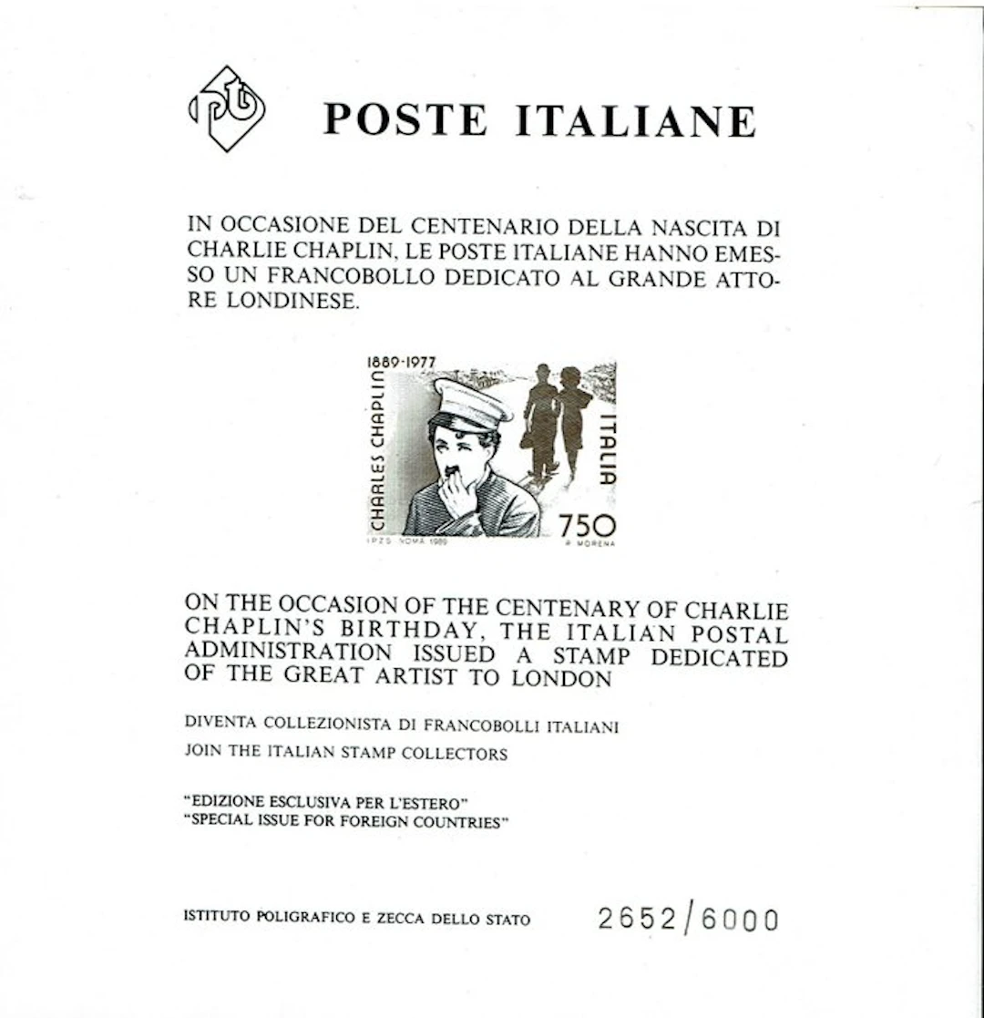 Italian Republic 1989 - Chaplin Advertising Leaflet. MNH - Sassone F. P. 2