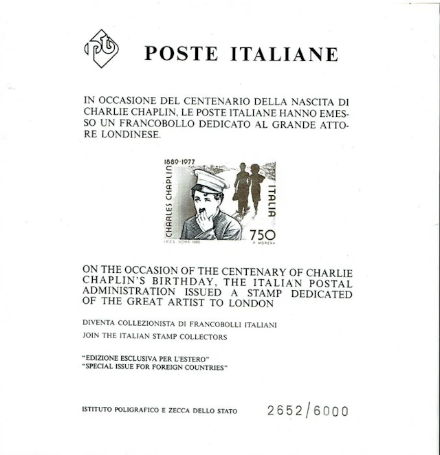 Italian Republic 1989 - Chaplin Advertising Leaflet. MNH - Sassone F. P. 2