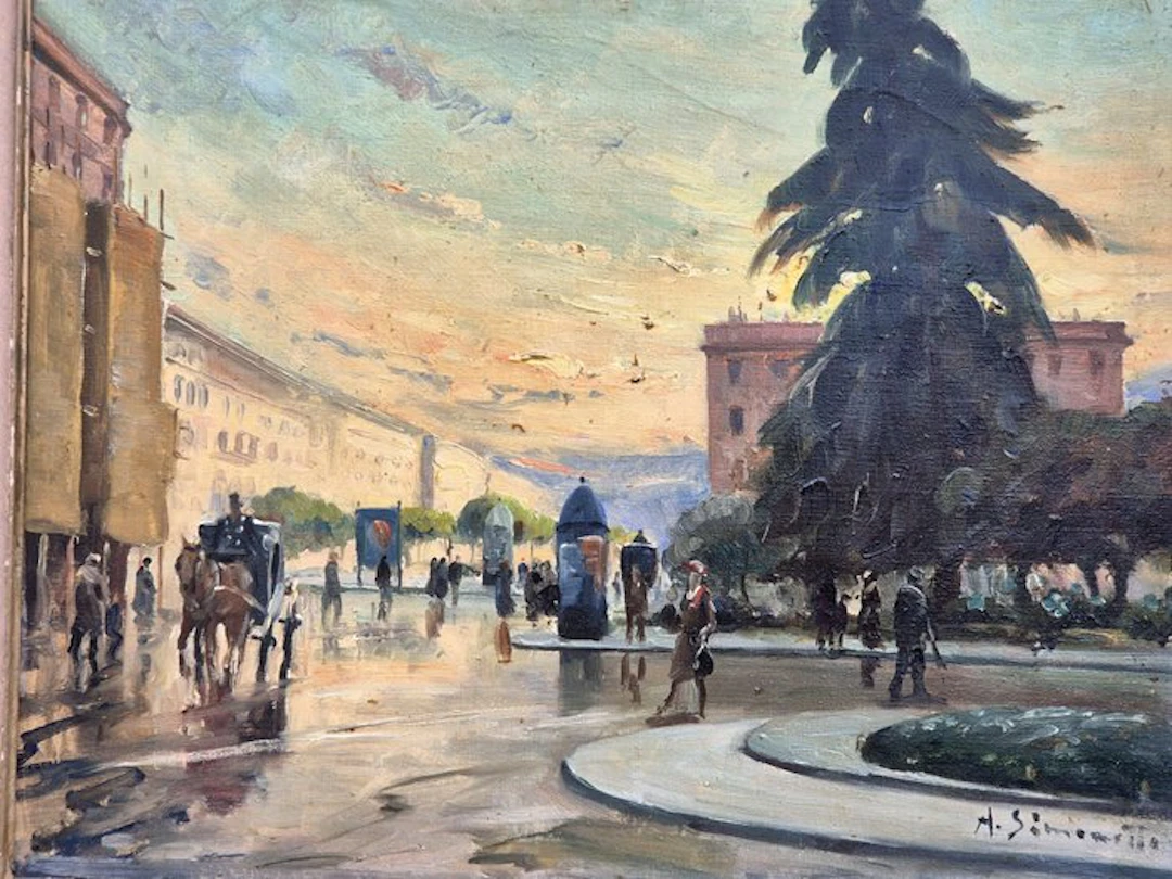 Attilio Simonetti (1843-1925) - Piazza cittadina con carrozza e passanti