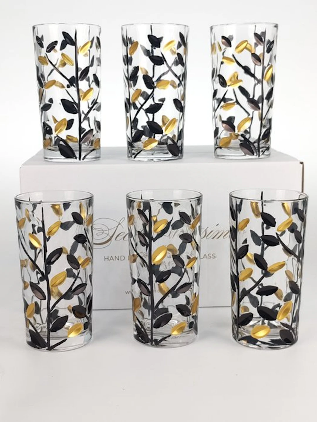 Secoloventesimo - Drinking service (6) - Leaves black golden glass - Enamel