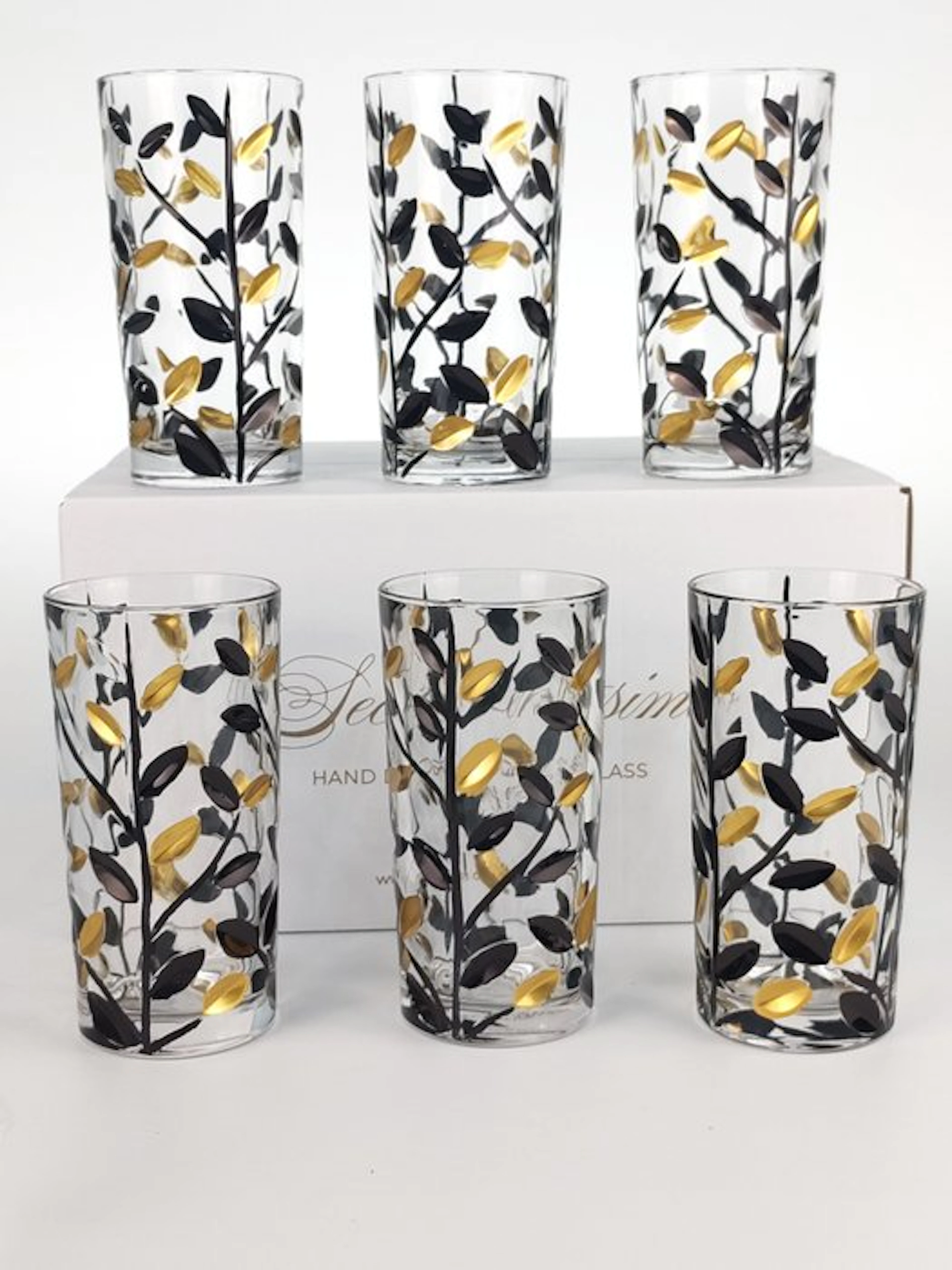 Secoloventesimo - Drinking service (6) - Leaves black golden glass - Enamel